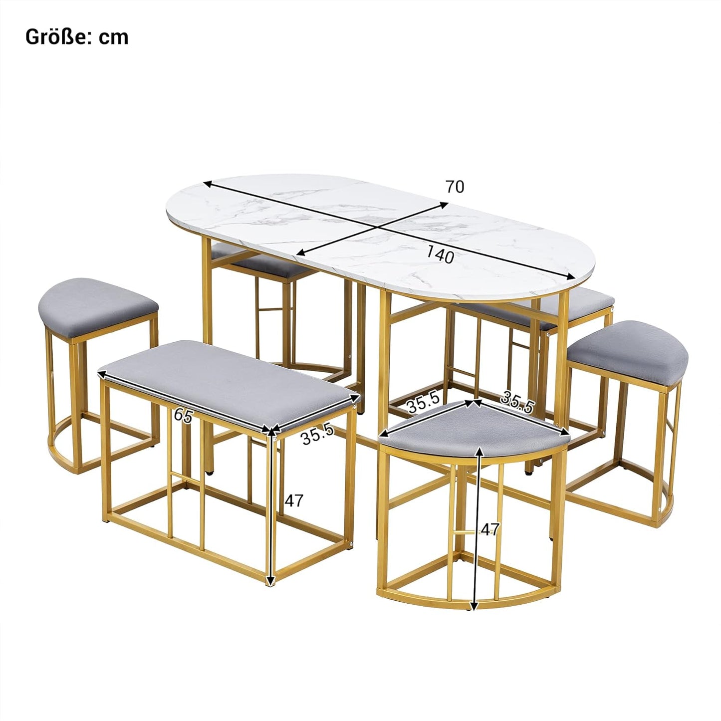 Moimhear Dining Set (Set with Dining Table, 4 Small Stools and 2 Large Stools), Kitchen Dining Table Set Made of Steel Frame, 140 x 70 x 76 cm, Maximum Load 120 kg (White and Gold)