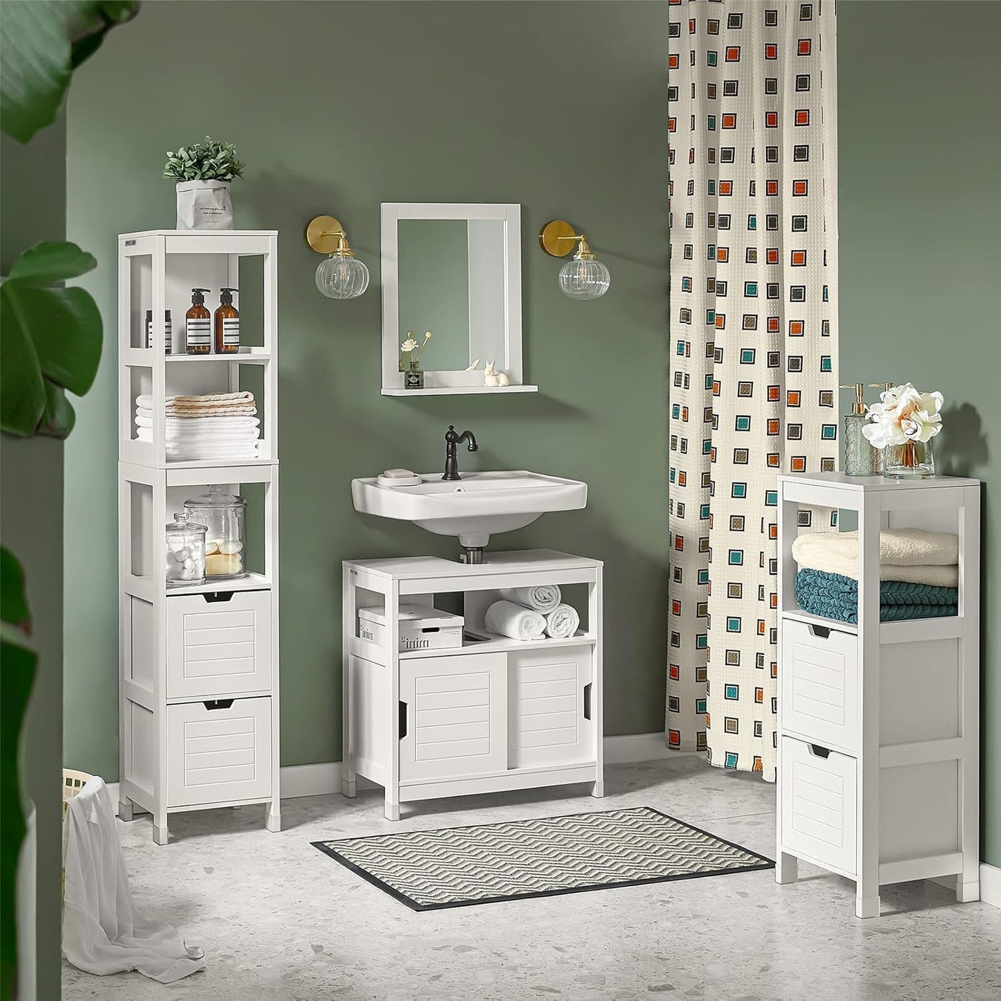 FurniFlex High Bathroom Cabinet with 3 Shelves and 2 Drawers, 30 cm x 30 cm x 144 cm Size
