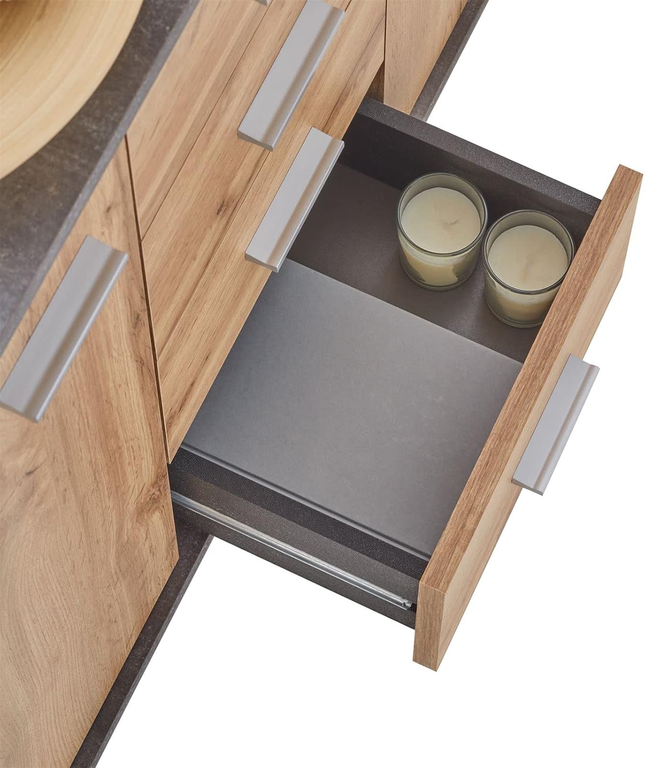 CARO-Möbel Jamie Sideboard with 2 Doors and 4 Drawers, Modern Chest of Drawers Office Furniture in Concrete Dark / Wotan Oak