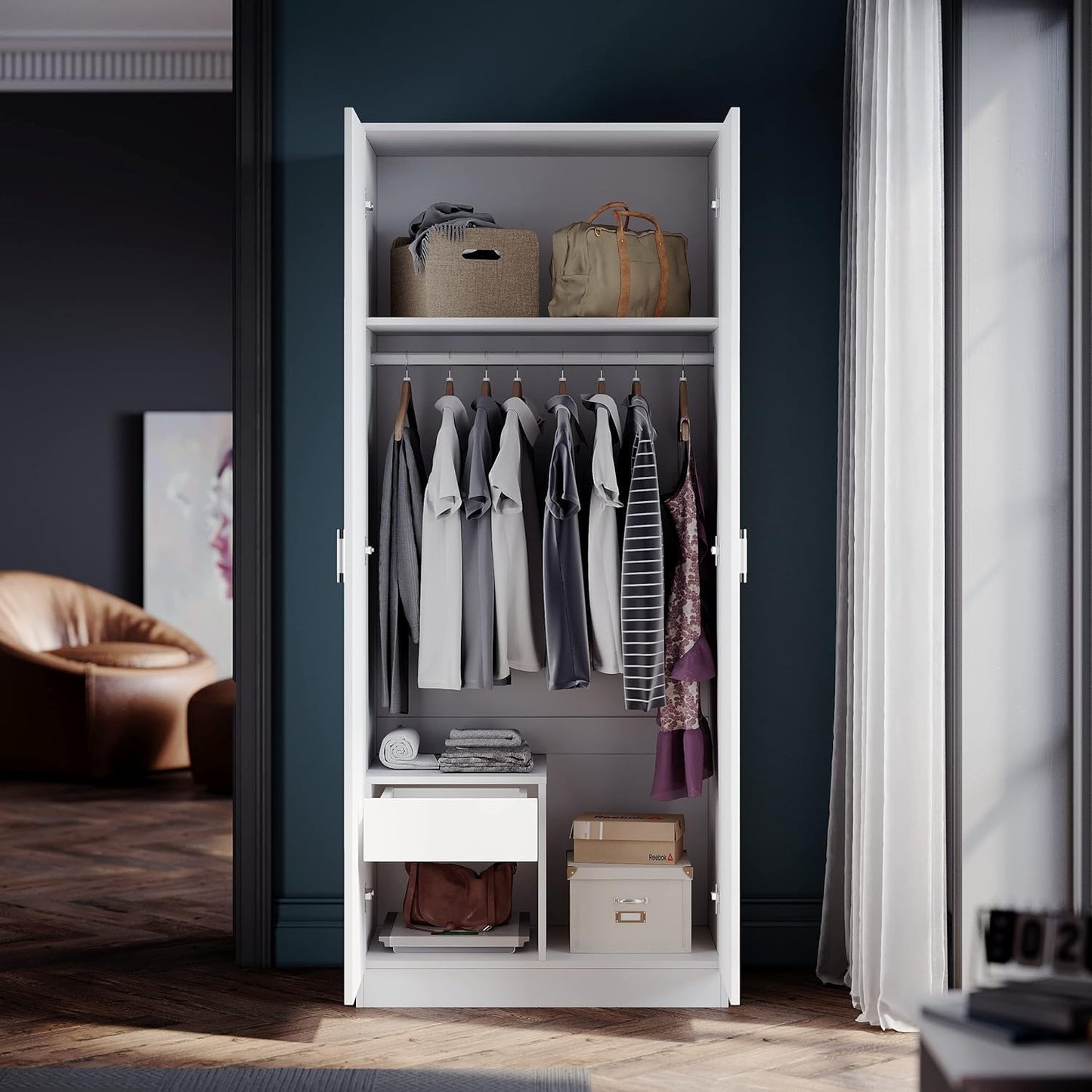 FurniFlex Modern 2-Door Wardrobe with Ample Storage Space, 76 cm x 47 cm x 180 cm Size, White