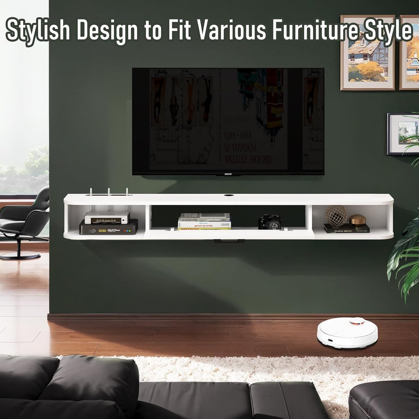 Bixiaomei Floating TV Unit, 47'' Wall Mounted TV Cabinet, Floating Shelves with Door, Modern Entertainment Media Console Center Large Storage TV Bench for Living Room & Office (47.24IN, White)