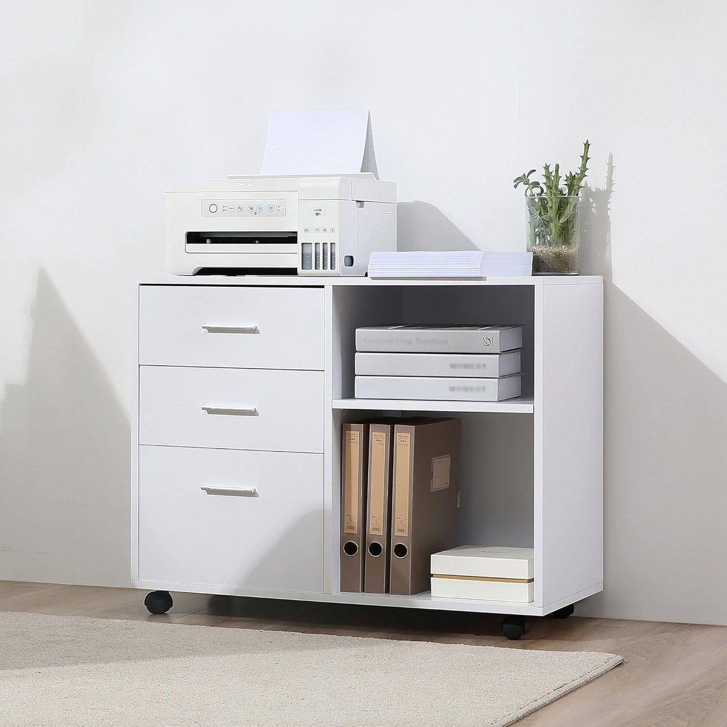 HOMCOM Freestanding Printer Stand Unit Office Desk Side Mobile Storage w/Wheels 3 Drawers, 2 Open Shelves Modern Style 80L x 40W x 65H cm - White