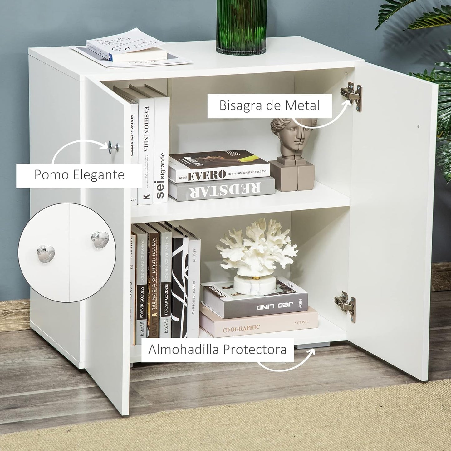 FurniFlex Living Room Sideboard with 2 Doors Auxiliary Wardrobe and 2 Shelves, 70 cm x 39 cm x 70 cm Size, White
