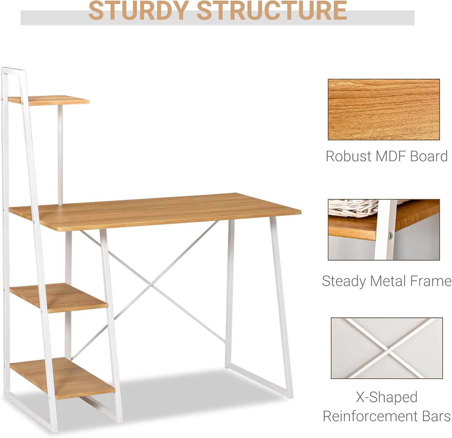 HOMCOM Home Office Computer Desk with 3-Tier Storage Shelves Study Writing Table Workstation for Small Space Natural