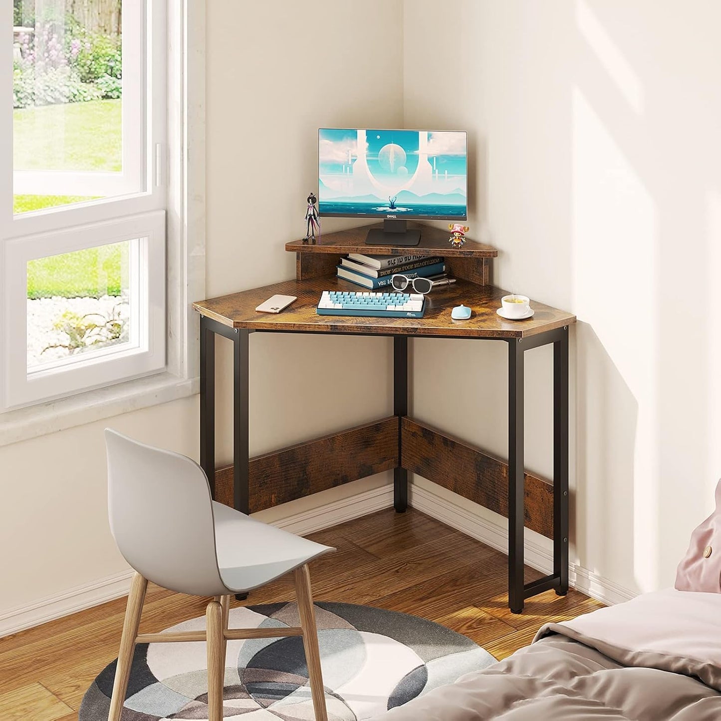 ODK Corner Desk Space Saving Small Desk with Sturdy Steel Frame, Computer Desk with Monitor Stand for Small Space, Easy Assembly Triangle Vanity Desk with Durable Wooden Desktop, Vintage