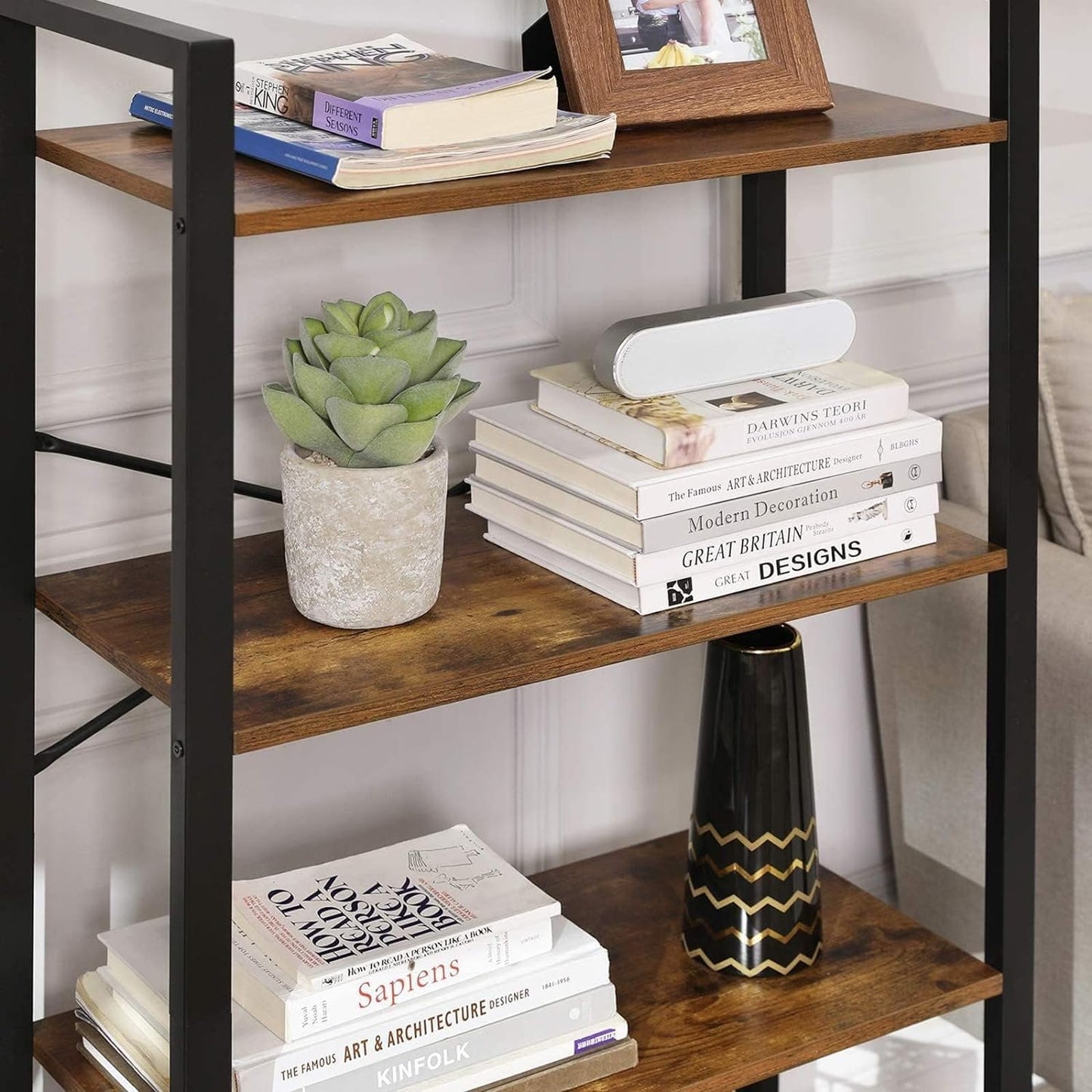 SKY-TOUCH Ladder Shelf, Bookshelf Rack 4 Tier Storage Organizer Shelf, Shelf Unit, Plant Stand, Living Room Bookcases, Industrial Bookshelf, for Bedroom, Kitchen, Office, Brown, 47x26x12 inch