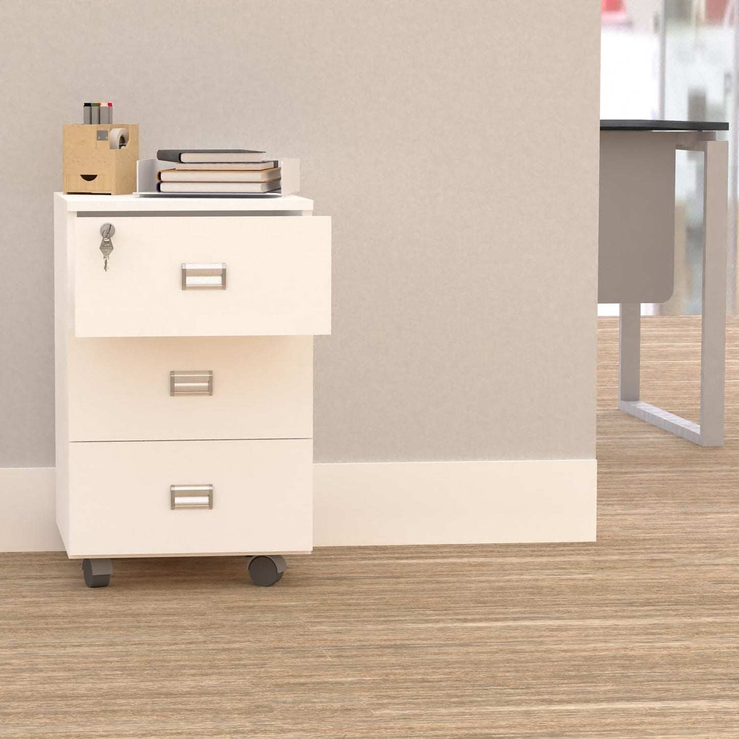 Mahmayi Me3Drwh Station 3 Drawer Mobile Storage Unit- Modern & Sleek Office Furniture With Cabinets And Drawers - Functional 3 Drawers Storage Finished With Melamine On Mdf And Castor Wheels (White)