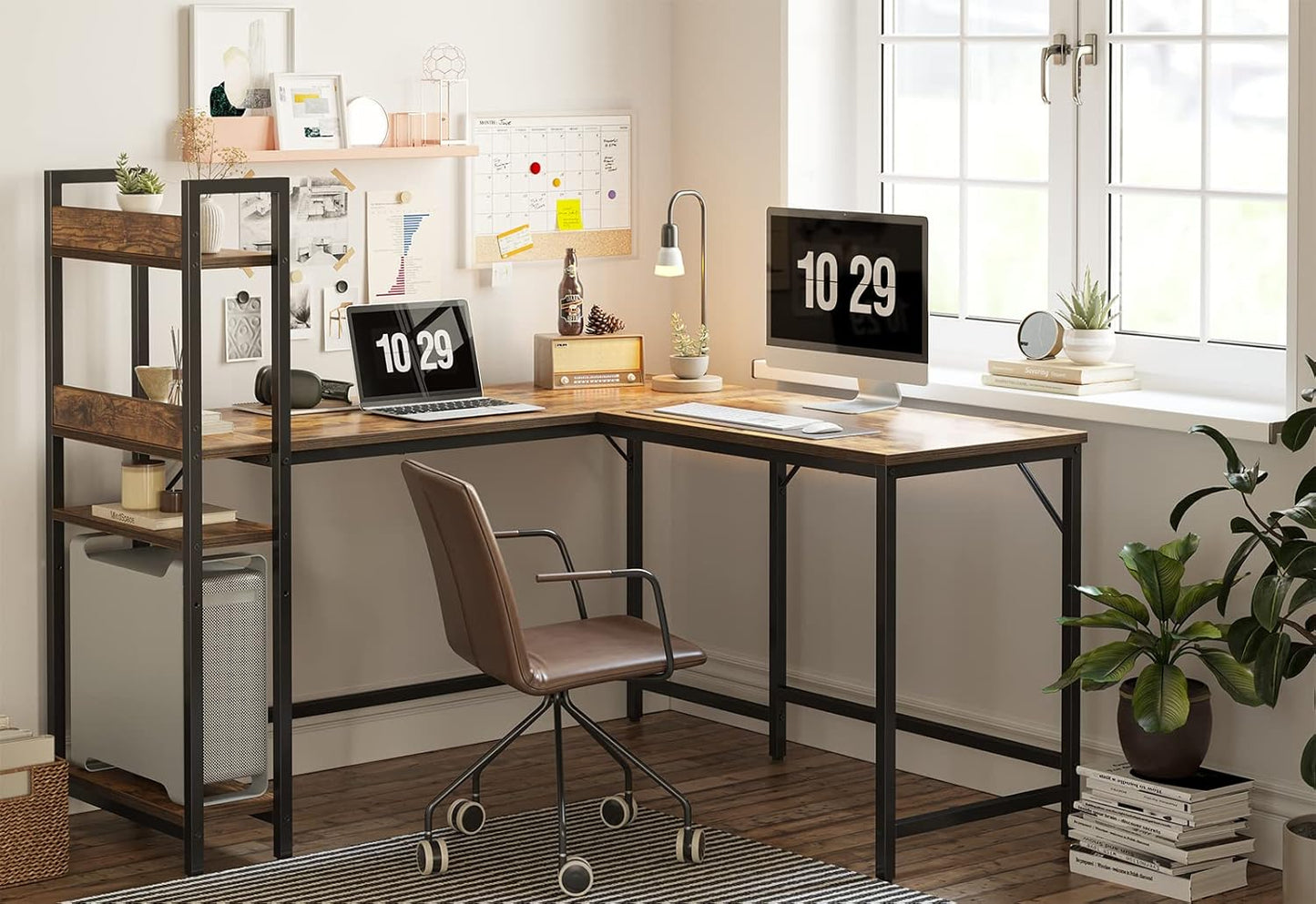 CubiCubi L Shaped Desk, 51.1 Inch Computer Corner Desk with Hutch, Storage Shelves, Writing Gaming Study Desk with Bookshelf, Rustic Brown