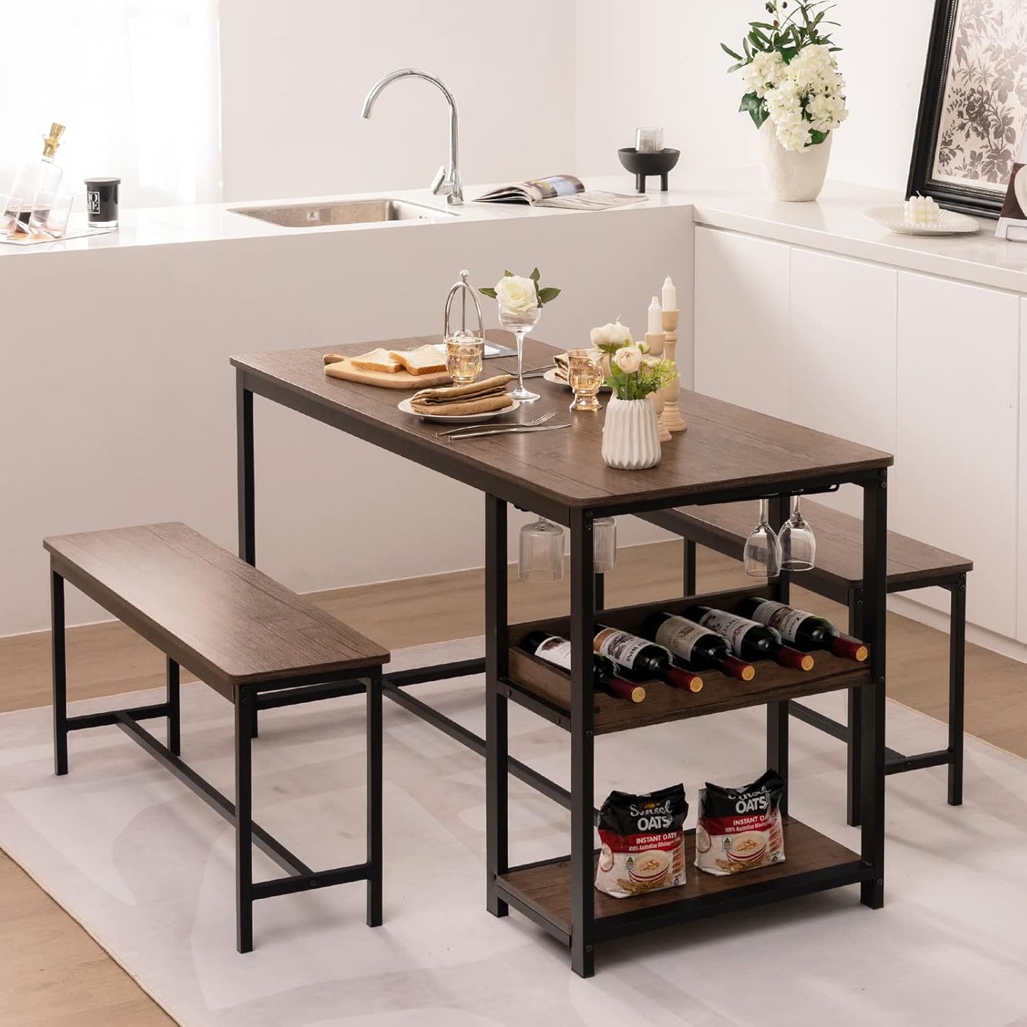 TANGZON Dining Table and 2 Bench Set, 3 Pieces Kitchen Dining Table Set with Wine Rack, Glass Holder & Storage Shelf, Space-Saving Breakfast Dining Furniture for Home Living Room Restaurant (Wooden)