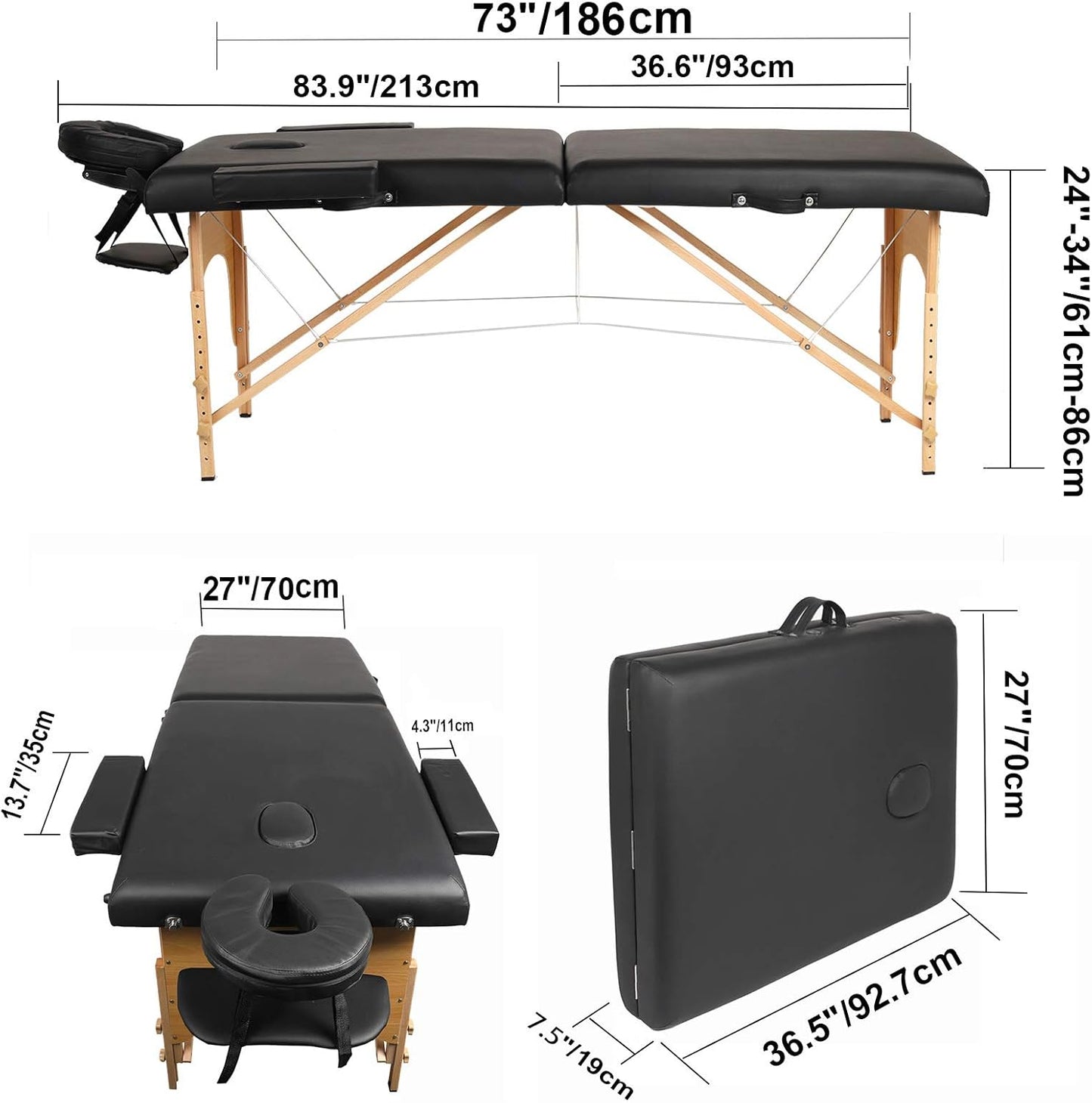 Lukeline Massage table adjustable Height Portable Spa Bed Massage Therapy Table, 84 Inches Long by 27 Inches Wide 2 Fold Salon Bed with Hand Rest, Black
