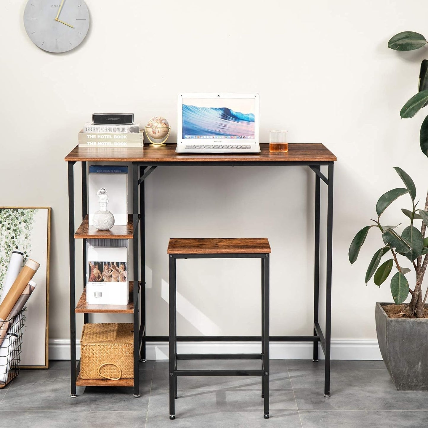 IBUYKE Rectangular High Bar Table, Kitchen Island with 3 Shelves, Bar Counter with Stable Iron Structure, 109 x 60 x 100 cm, Easy to Assemble, Vintage Brown TMJ054H