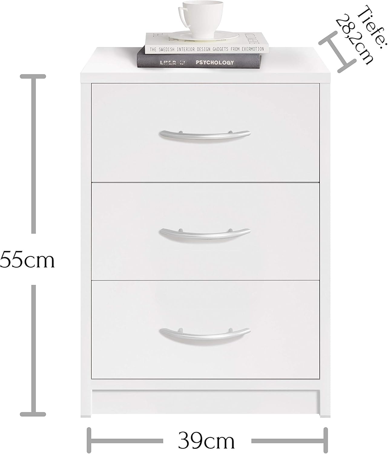 Stella Trading PEPE Bedside Table White - Simple Bedside Cabinet with Three Drawers Suitable for Any Bed & Bedroom - 39 x 54 x 28 cm (W x H x D)