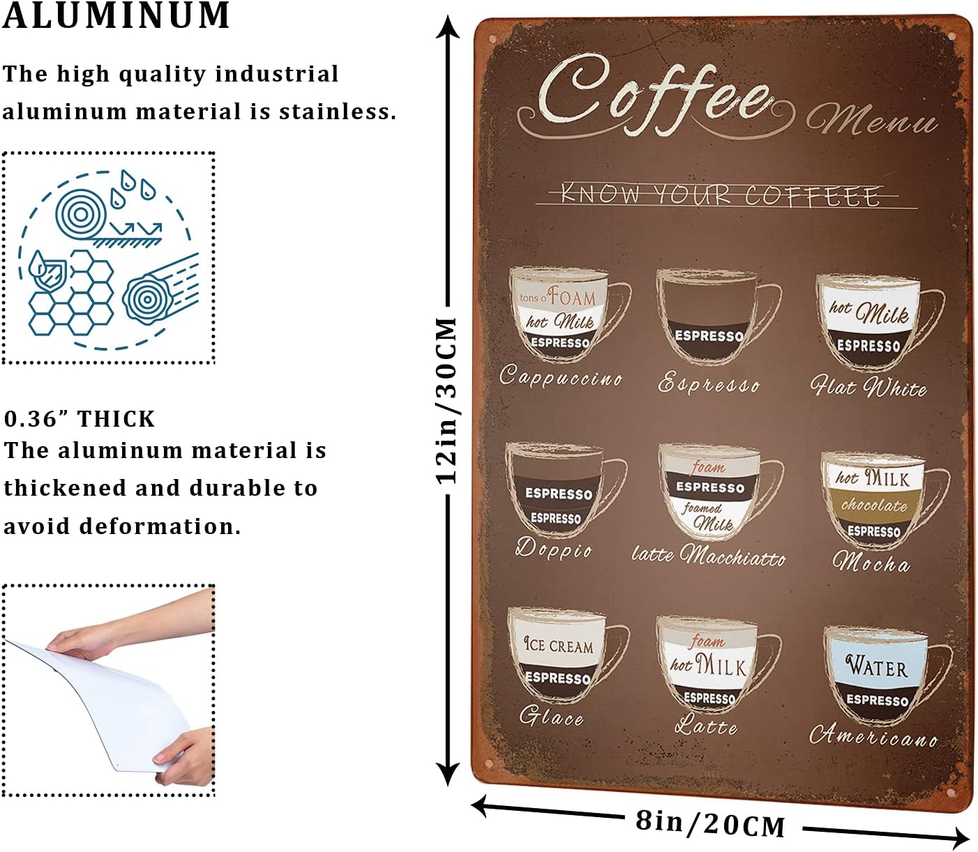 Giwawa Retro Coffee Menu Tin Sign Cafe Signs Know Your Coffee Tin Signs Wall Retrospective Art Man Cave Metal Bar Pub Poster Metal Decor Poster Ptyle Wall Hanging 12 X 8in