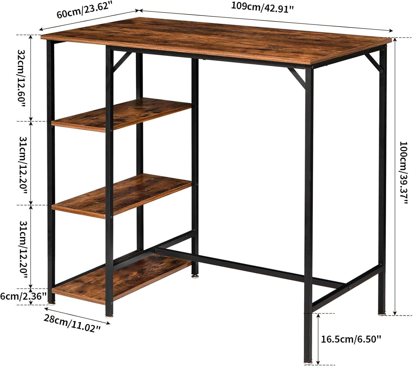 IBUYKE Rectangular High Bar Table, Kitchen Island with 3 Shelves, Bar Counter with Stable Iron Structure, 109 x 60 x 100 cm, Easy to Assemble, Vintage Brown TMJ054H