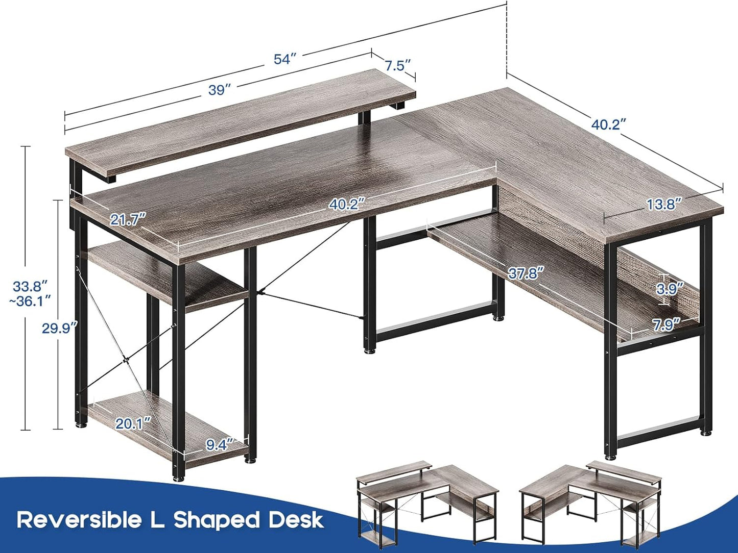 ODK L Shaped Computer Desk, 54" Reversible L Shaped Desk, Corner Computer Desk with Storage Shelves & Monitor Stand, Home Office Desk, Gaming Desk, Corner Desk, Writing Desk, Grey Oak