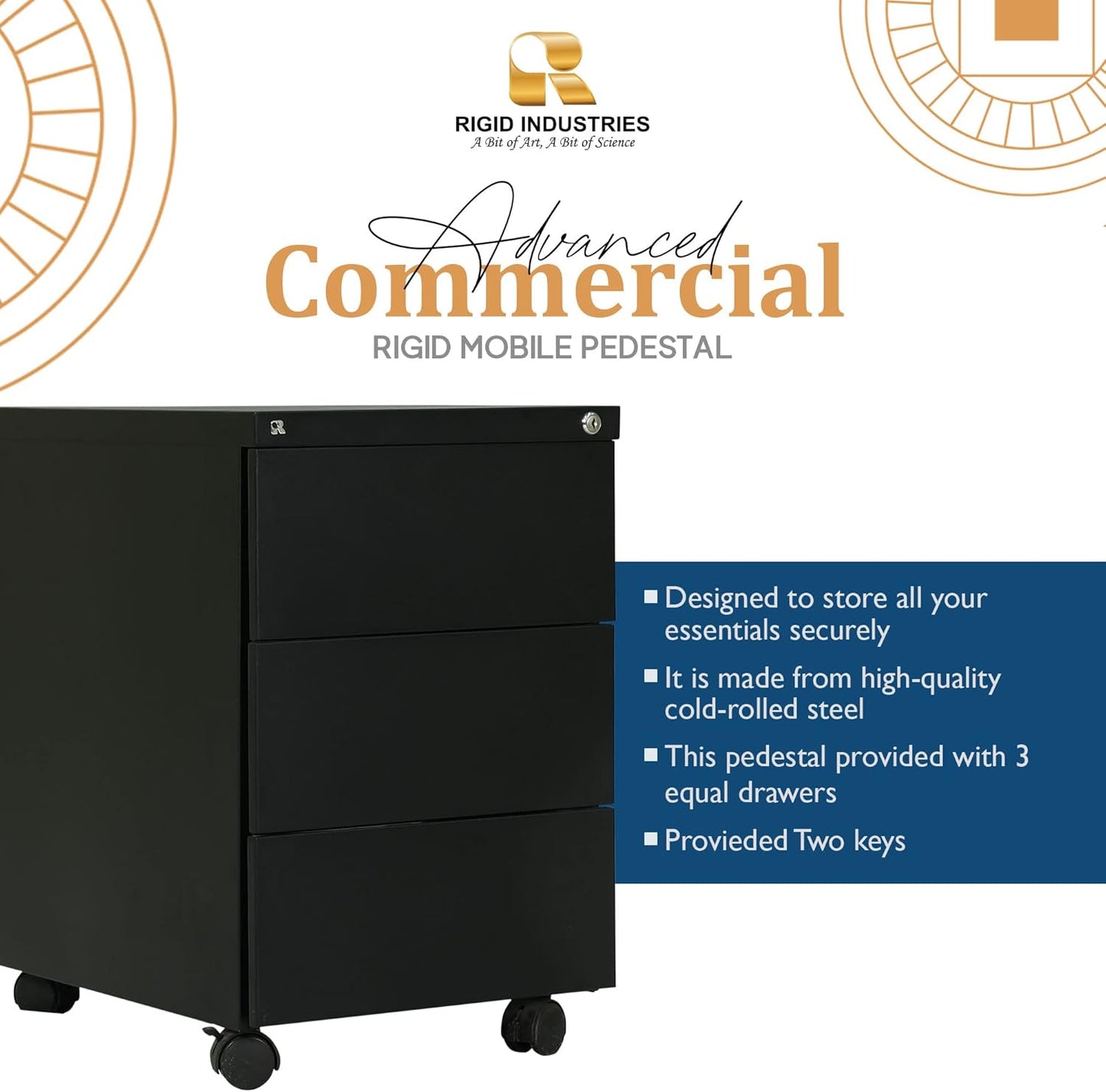 RIGID Steel Mobile Pedestal 3 Drawer Storage Unit Modern & Sleek Office Furniture Black