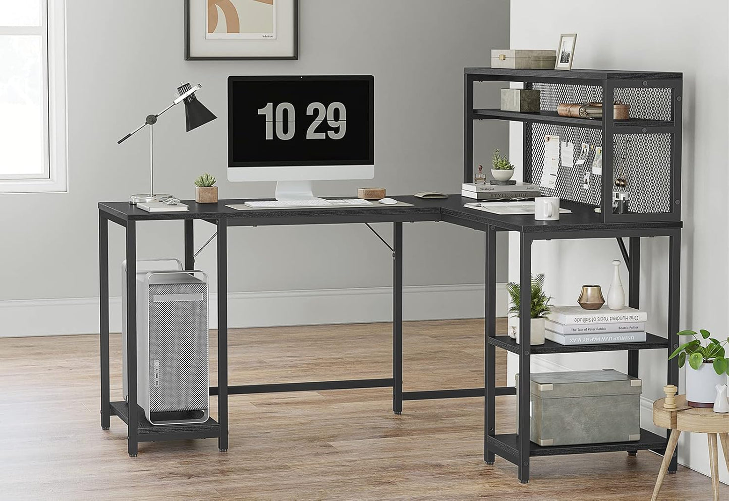 CubiCubi L Shaped Computer Desk with Hutch & Iron Mesh, 59 inch Large Home Office Desk with Storage Shelves, Study Table Writing Desk Workstation, Black