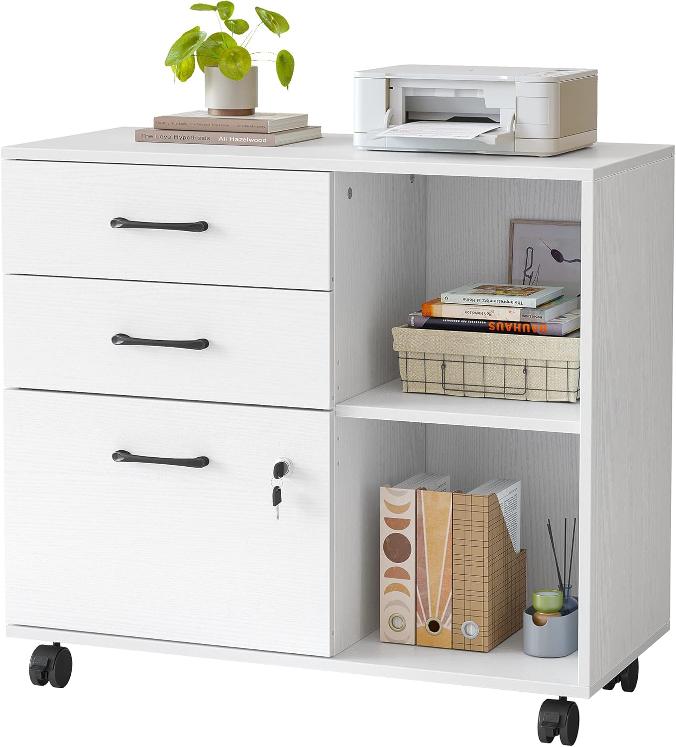 FEZIBO 3-Drawer Mobile File Cabinet, Lateral Filing Cabinet with Lock, Printer Stand with Open Storage Shelves for Home Office, White
