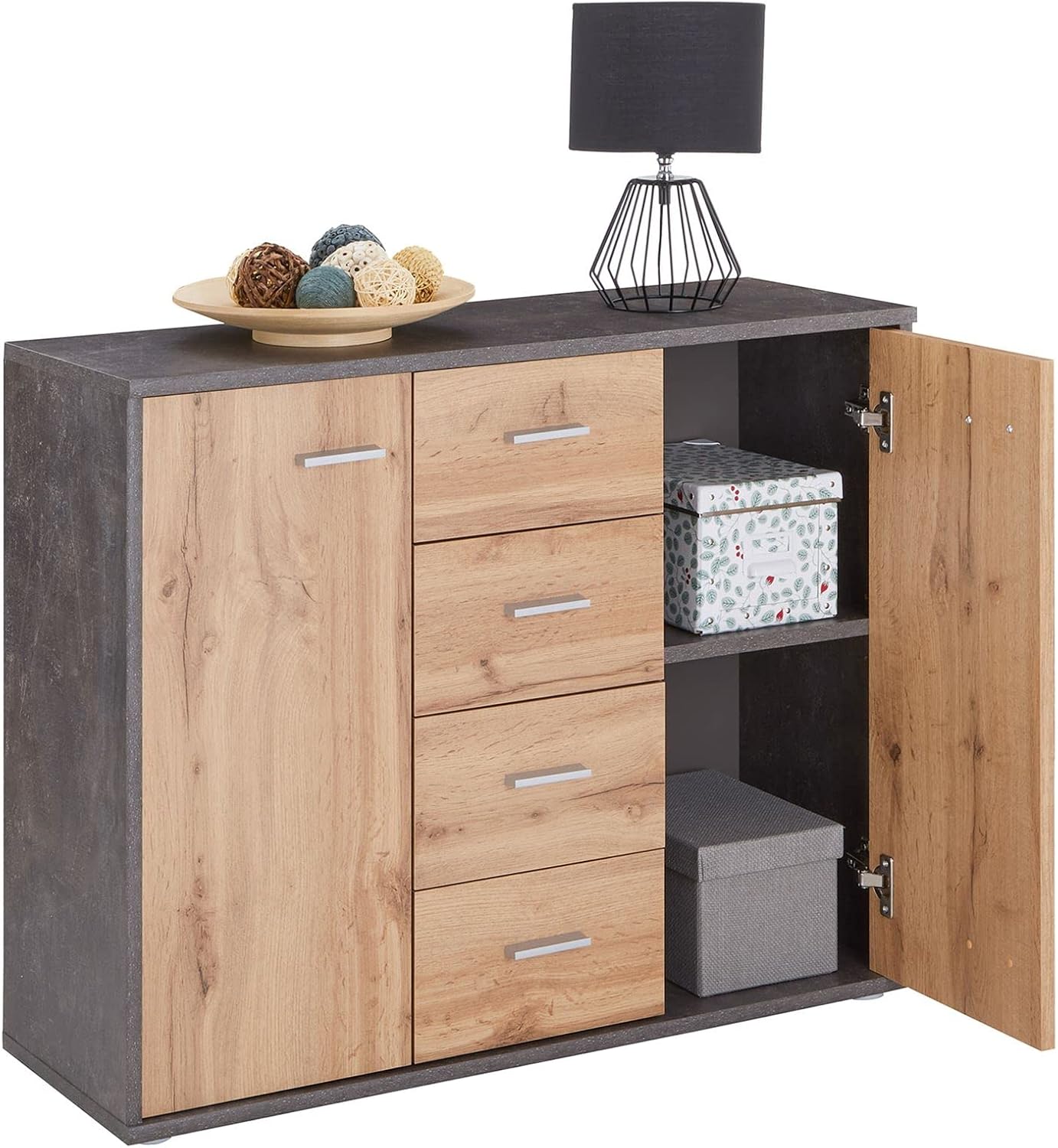 CARO-Möbel Jamie Sideboard with 2 Doors and 4 Drawers, Modern Chest of Drawers Office Furniture in Concrete Dark / Wotan Oak