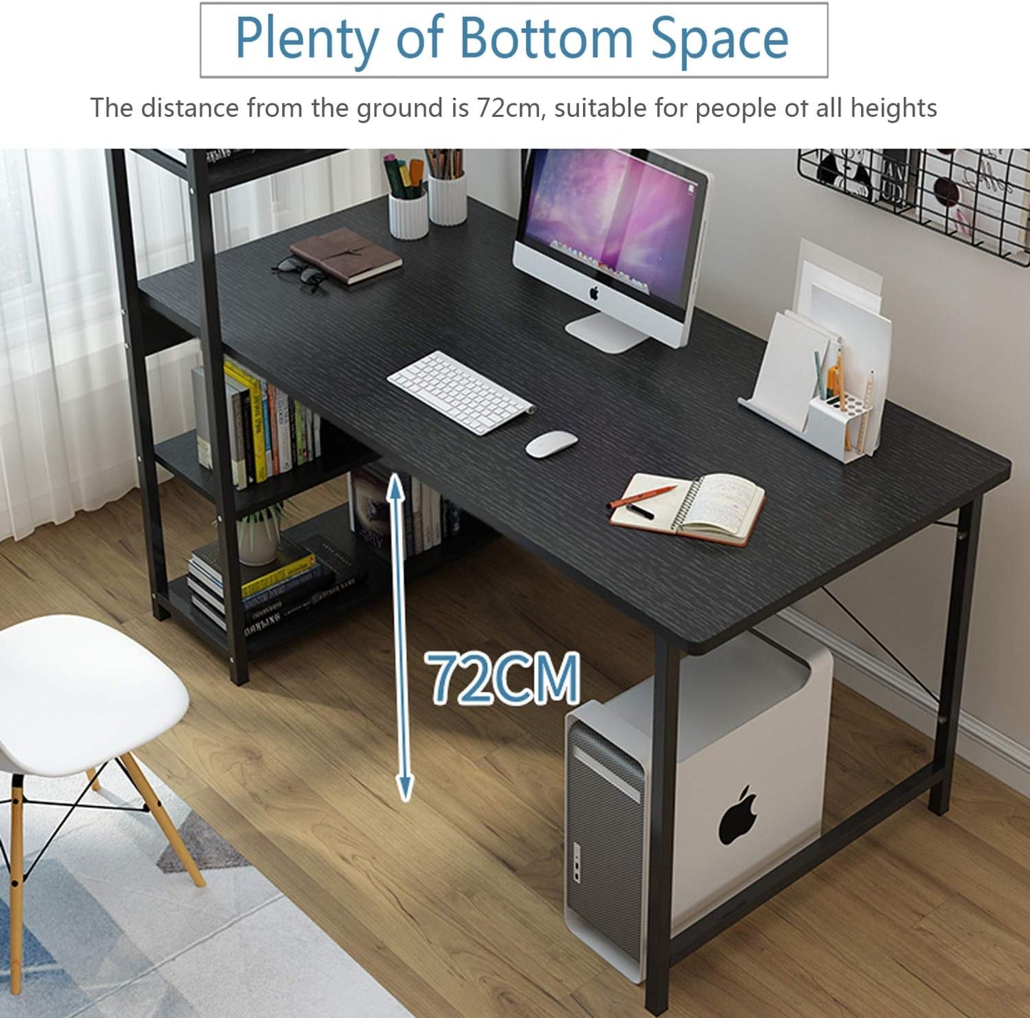 Eesyy computer desk with storage shelves, modern pc laptop wood study table with bookshelf & cpu rack, gaming table with keyboard tray, for home office 120 - Beige
