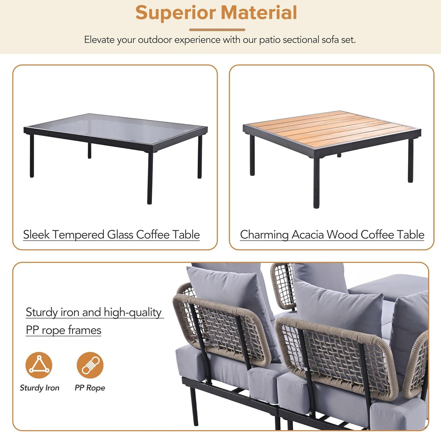 Ampela 8-Piece Patio Sectional Sofa Tempered Wooden & Glass 2 Coffee Table/2 Single Chairs/2 Ottomans/2 Corner Chairs,All-Weather Conversation Set for Outdoor Oasis,Garden,Patio,Poolside,Light Grey