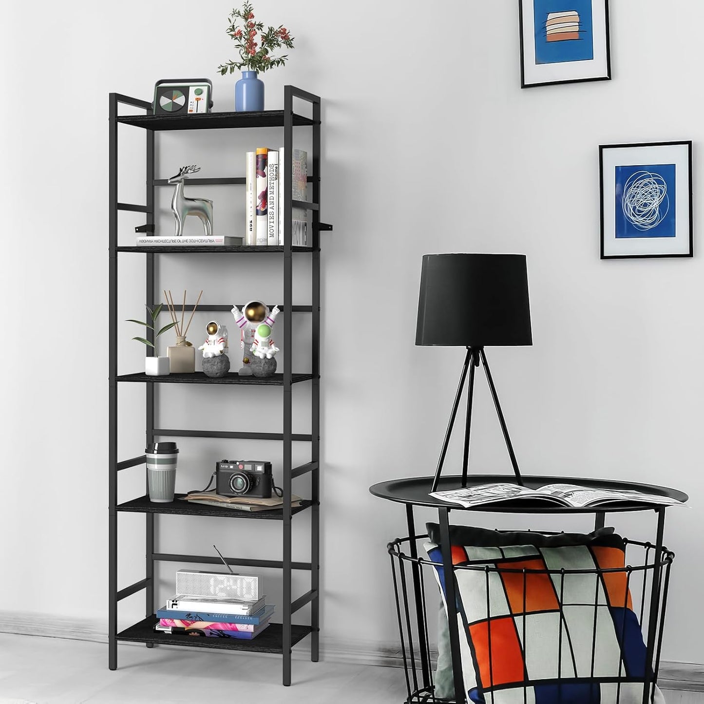 52.76in(H) Tall Bookshelf 5 Tier Bookcase Shelf Storage Organizer Industrial Freestanding Book Shelves Units Large Storage Tired Shelf for Small Space, Living Room, Kitchen, Bedroom, Modern Black