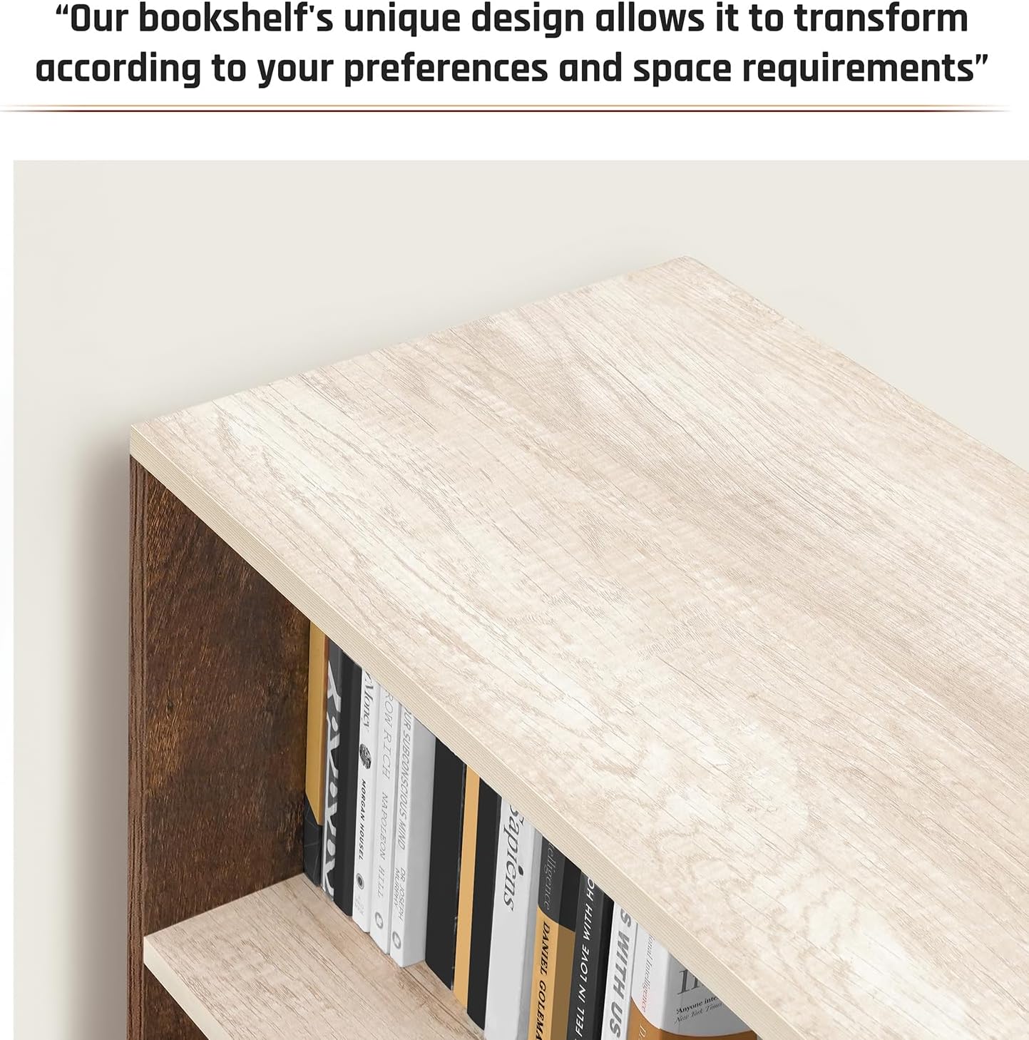 ABOUT SPACE Book Shelf for Home Library-Rectangle/L-Shaped Rack for Storage 6 Compartment Book Stand Shelf for Bedroom, Livingroom Decor, Plants and Books (Oak White&Walnut-L128 x B30 x H85 cm)