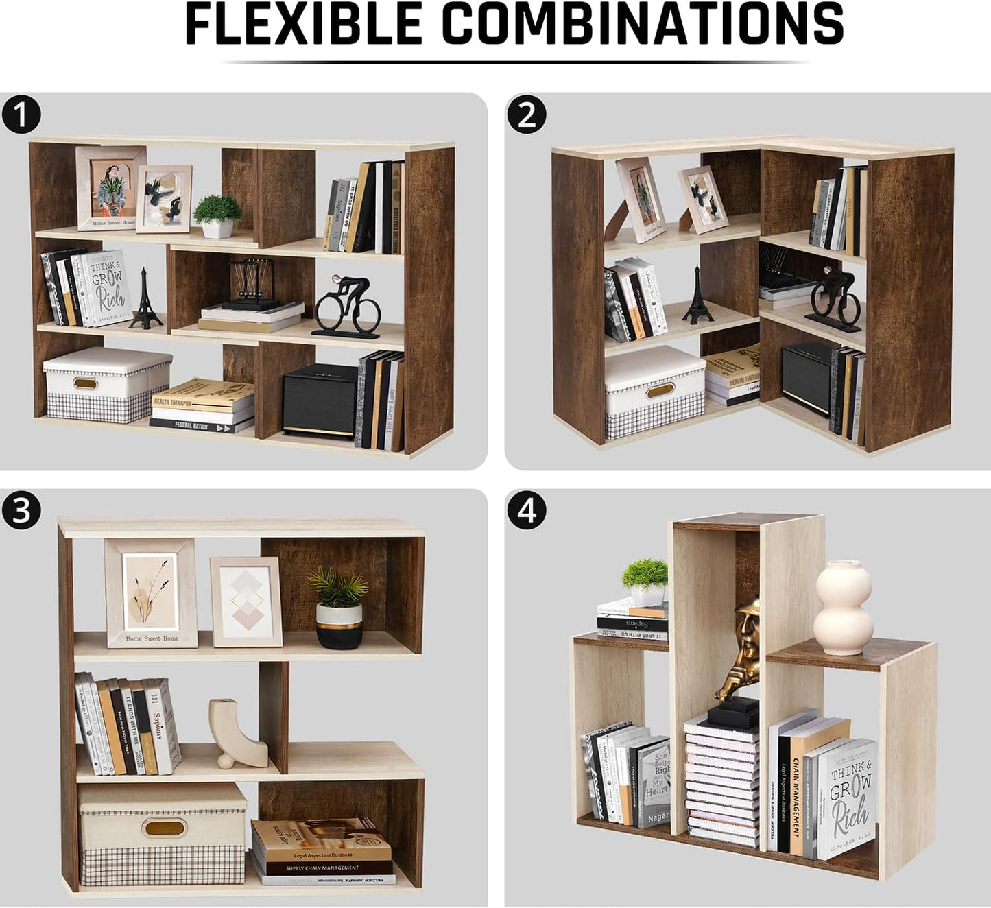 ABOUT SPACE Book Shelf for Home Library-Rectangle/L-Shaped Rack for Storage 6 Compartment Book Stand Shelf for Bedroom, Livingroom Decor, Plants and Books (Oak White&Walnut-L128 x B30 x H85 cm)