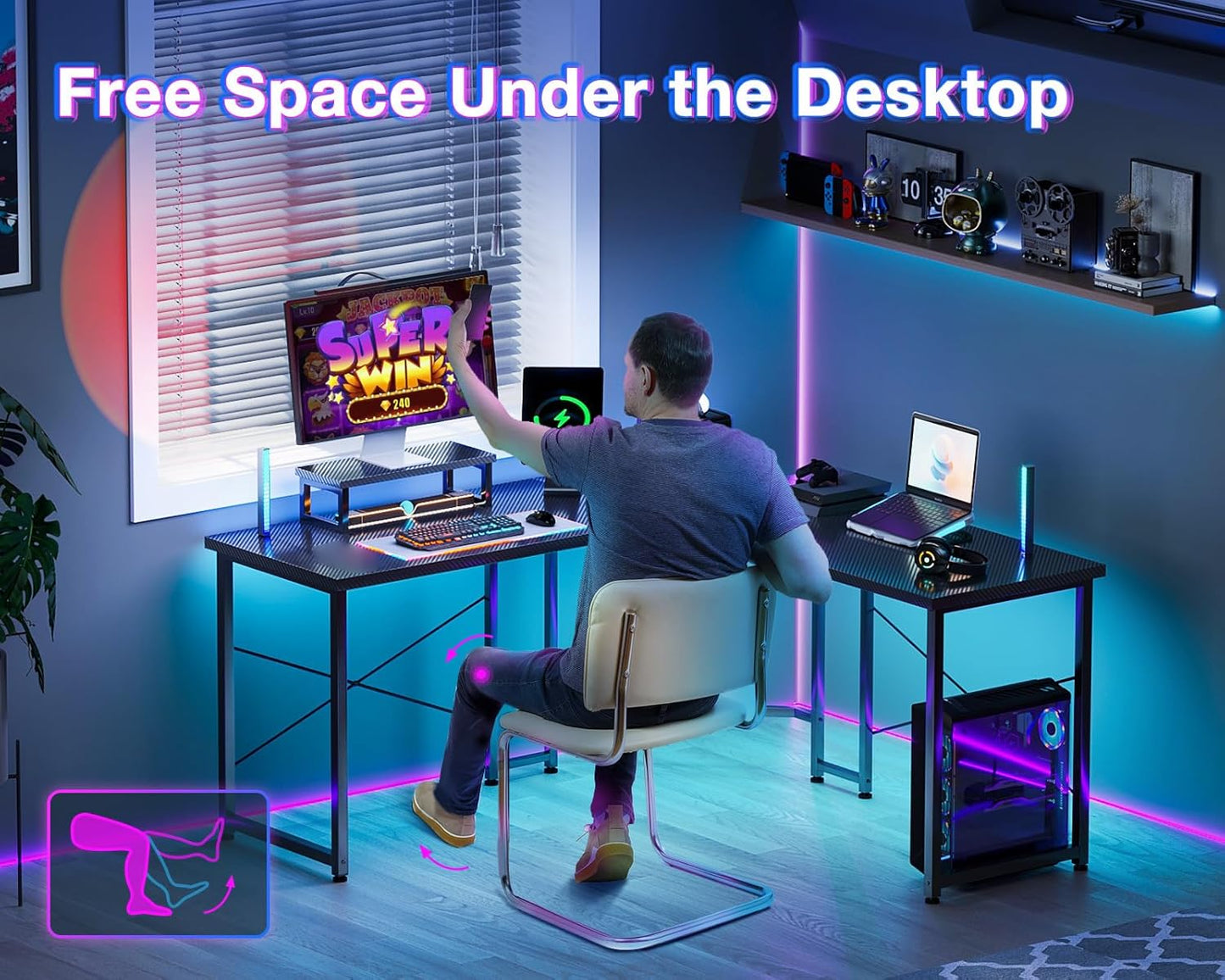 ODK L Shaped Gaming Desk, 51 Inch Computer Desk with Monitor Stand, PC Gaming Desk, Corner Desk Table for Home Office Sturdy Writing Workstation, Carbon Fiber Surface, Black