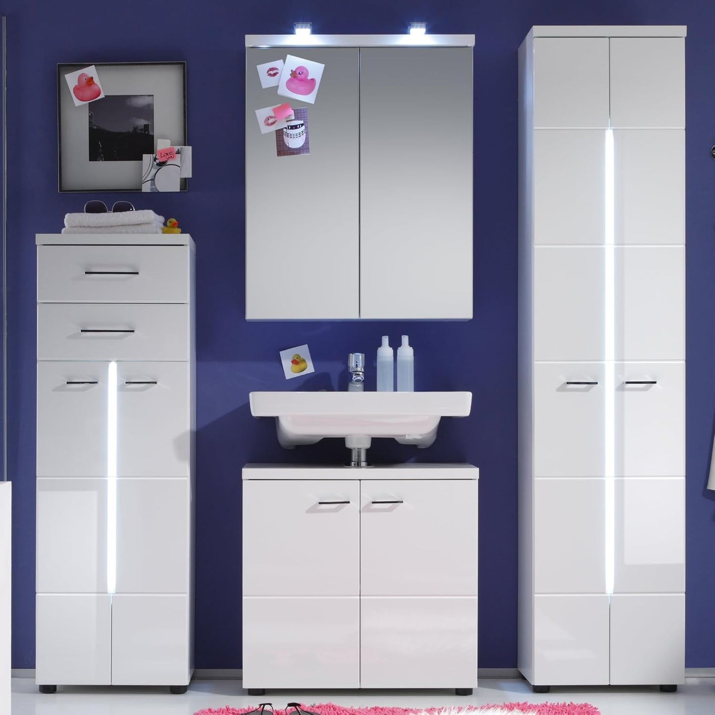 Trendteam Smart Living Nightlife Bathroom Sink Vanity Unit, 65 x 63 x 35 cm, High-Gloss White with Lots of Storage Space