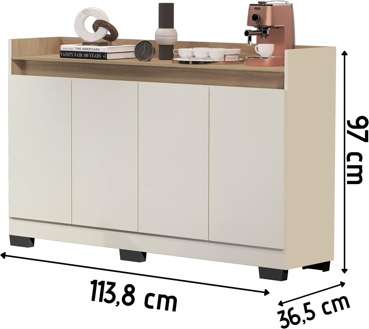 Quality Móveis Ryzen Model Retro Buffet Sideboard Rack, 4 Doors for Office, Coffee Corner, Off-White/Nature Color
