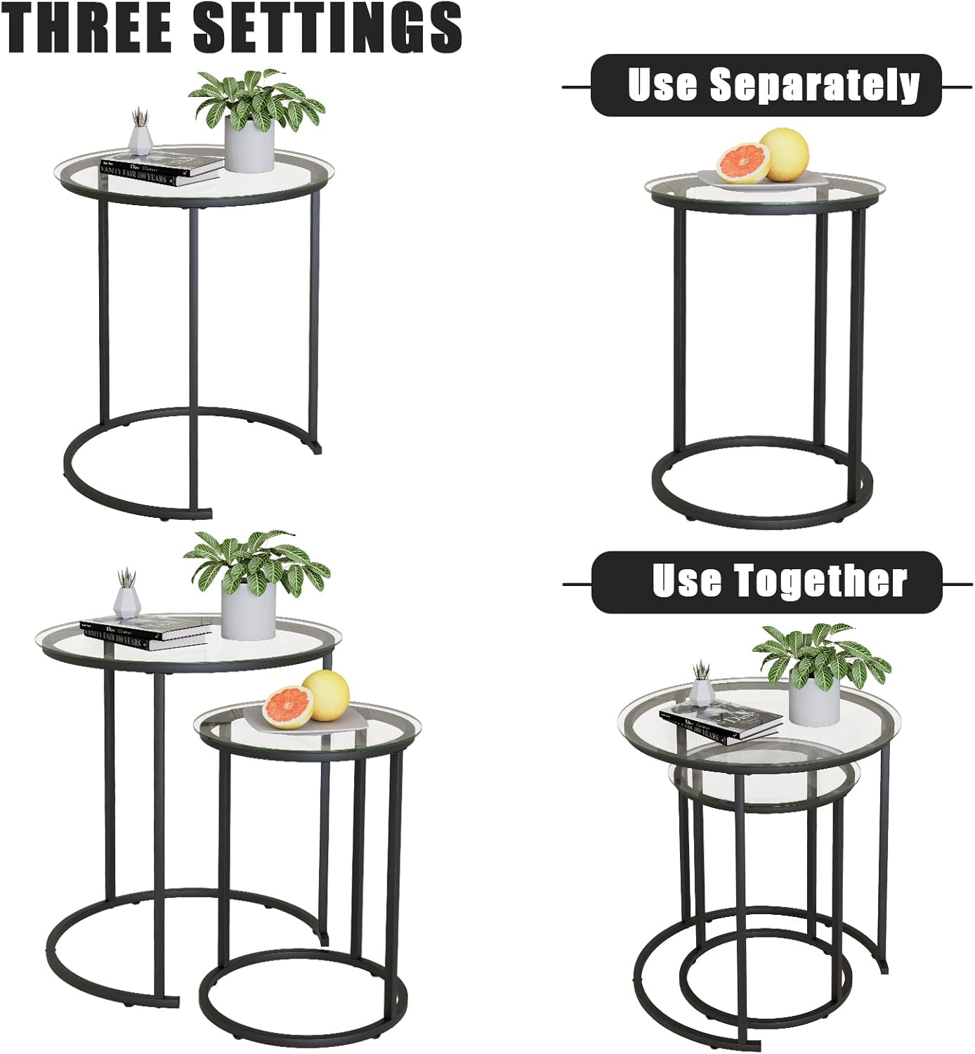 Azheruol Nesting Coffee Table Set of 2,Modern Black Tempered Glass Side Table, Metal Frame Round End Table.Small Glass Tea Table for Living Room,Bedroom Studio Apartment Essentials? 23.2In
