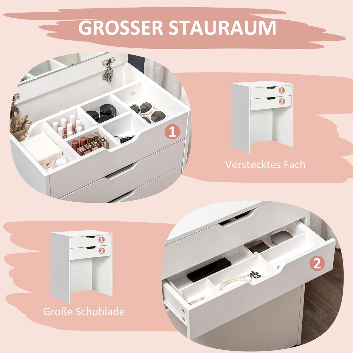HOMCOM Dressing Table with Stool, Dressing Table Set, Cosmetic Table with Mirror and Drawers, Dressing Table with Tilt Protection, Dressing Table for Bedroom, White, 60 x 40 x 114 cm