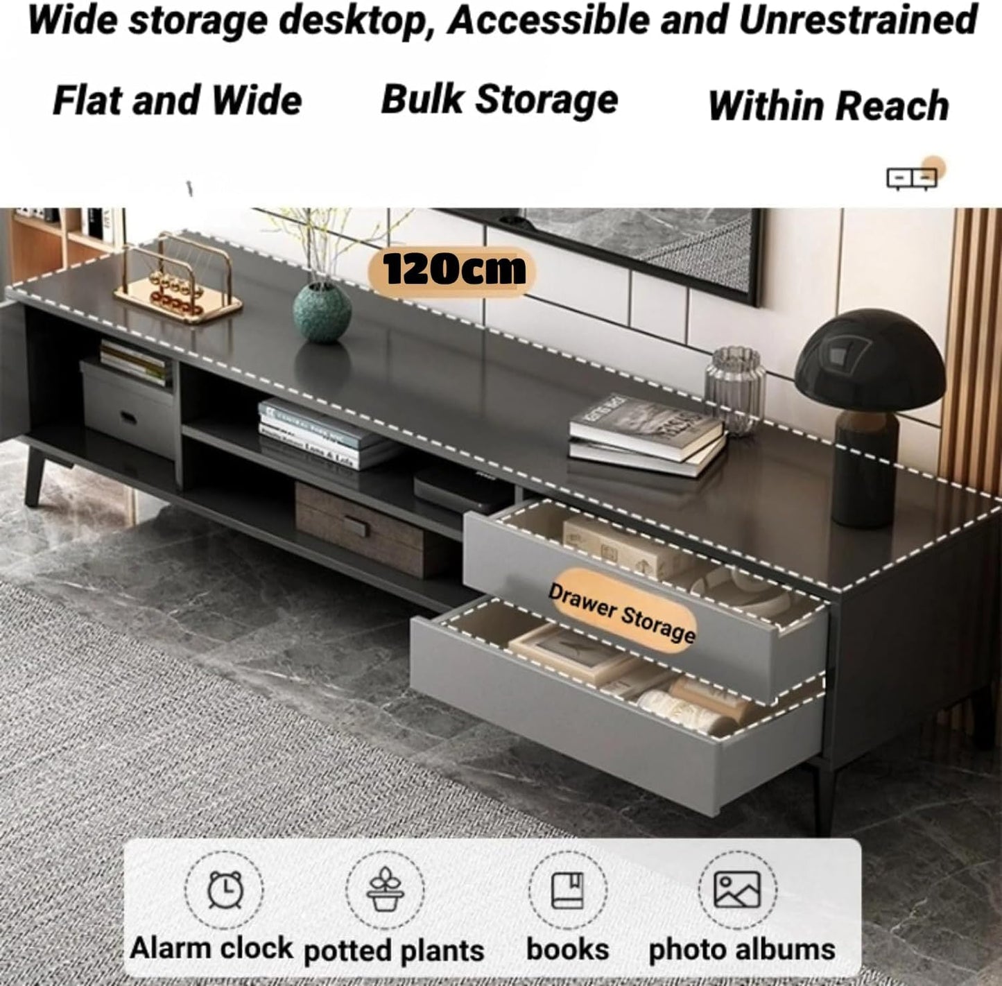 TV Table Multifunctional TV Cabinet, Simple Style Media Storage Stand Console Table with 2 Drawers 3 Layer Storage Shelves, for Living Room 120x30x40cm (Black&Gray)