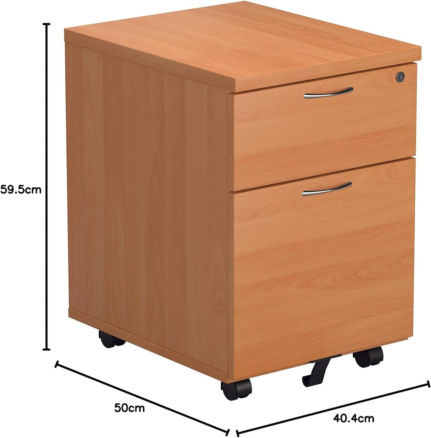 Office Hippo Heavy Duty 2 Drawer Mobile Pedestal Filing Cabinet with Anti-Tilt Mechanism & Lockable Office Storage, 5 Year Warranty - Beech