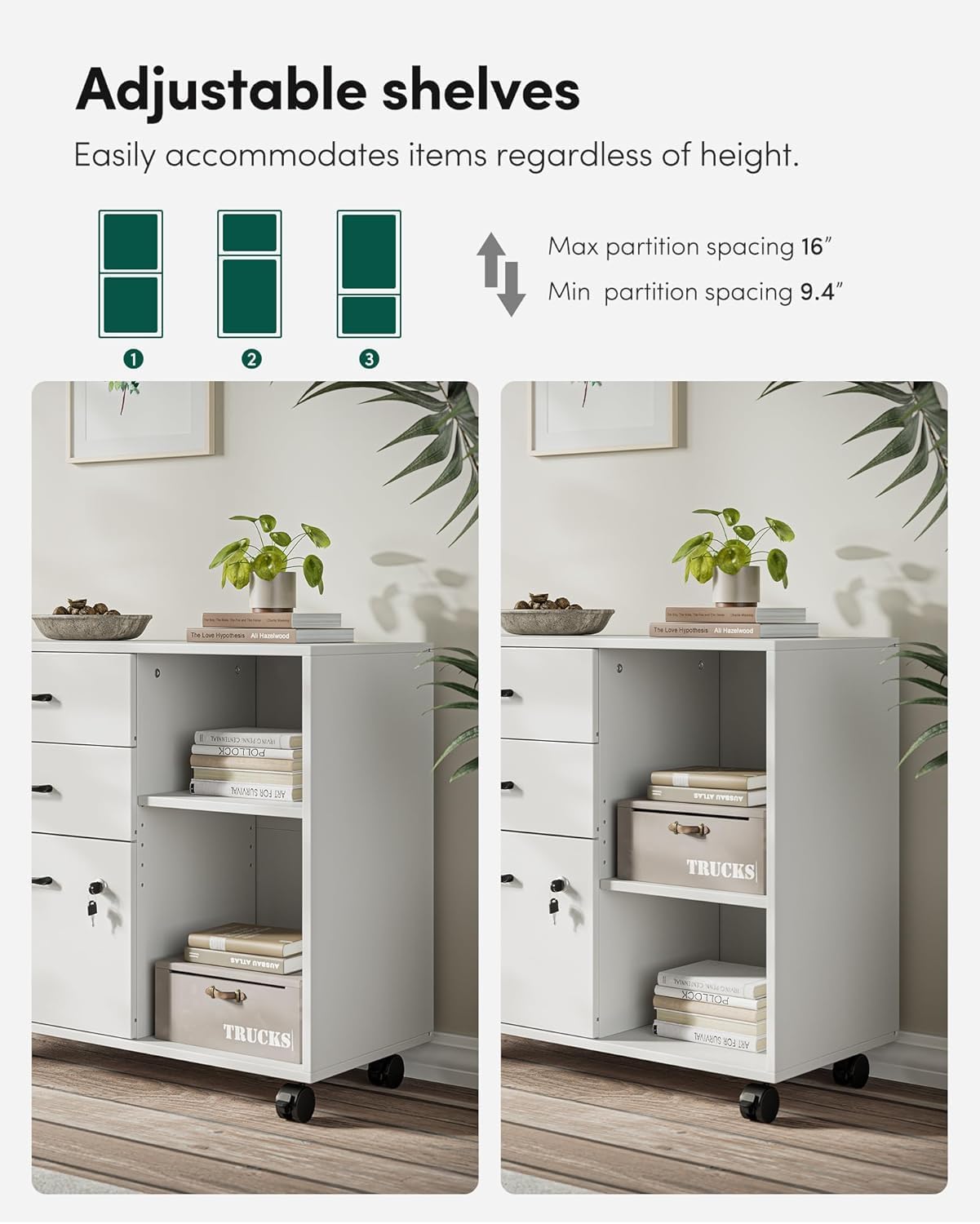 FurniFlex 3-Drawer Mobile File Cabinet with Lock, White