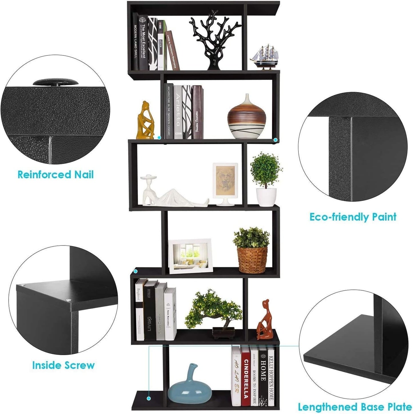 Panana Wooden Bookcase 6 Tier Shelves Bookshelf S Shape Storage Display Shelf Room Divider Unit Chest Cupboard Cabinet Free Standing Shelving Storage Organizer Unit for Living Room, Black