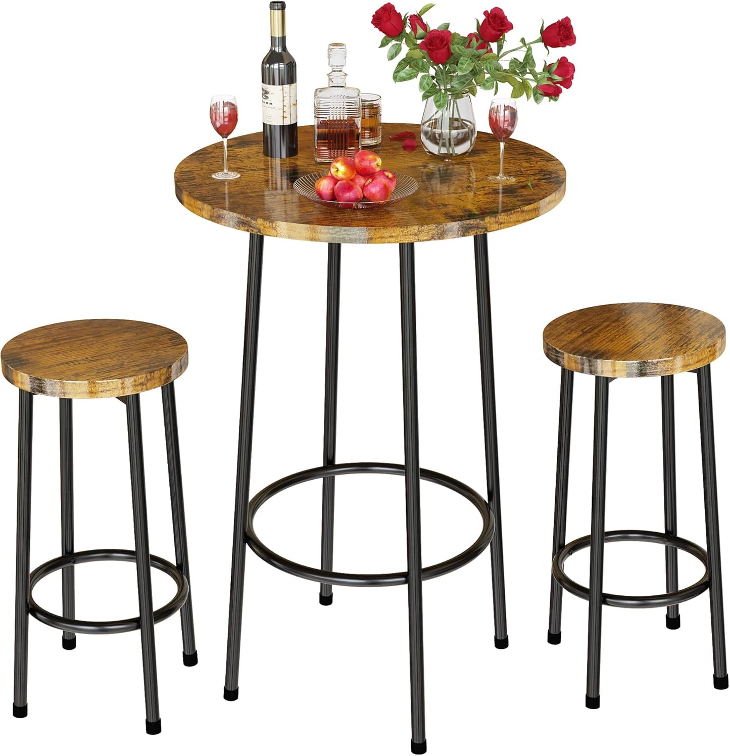 AWQM 3 Piece Bar Table Set, Small Round Pub Table Set for 2, Counter Height 3 Piece Dining Set for Breakfast Nook, Bistro, Dining Room, Kitchen - Rustic Brown