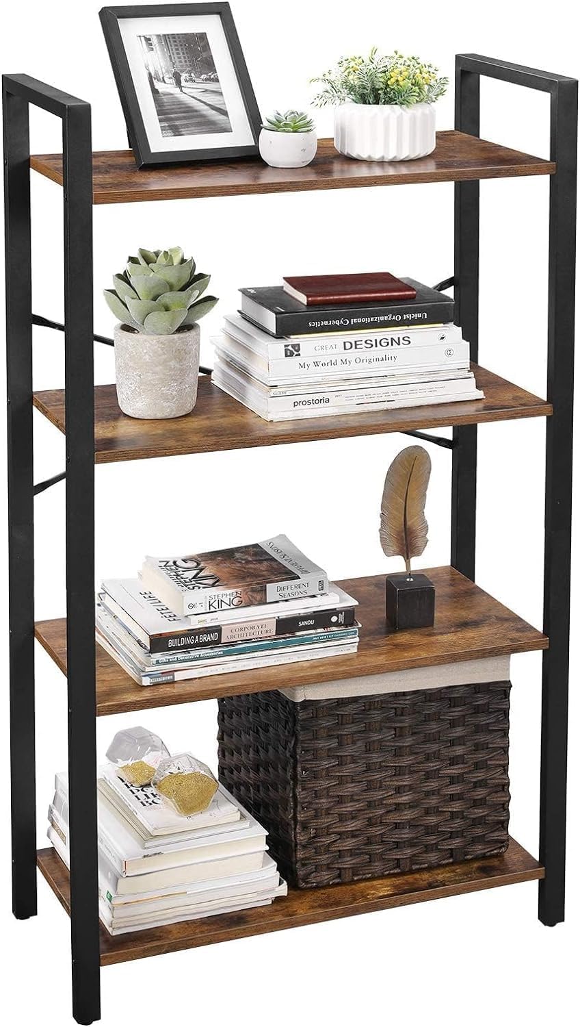 SKY-TOUCH Ladder Shelf, Bookshelf Rack 4 Tier Storage Organizer Shelf, Shelf Unit, Plant Stand, Living Room Bookcases, Industrial Bookshelf, for Bedroom, Kitchen, Office, Brown, 47x26x12 inch
