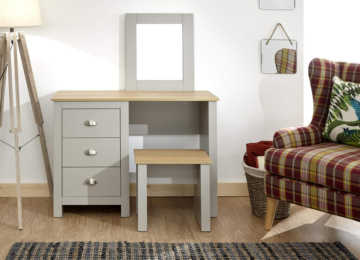 Home Source Grey Dressing Set with Mirror and Stool Jewellery Table, 3 Drawer