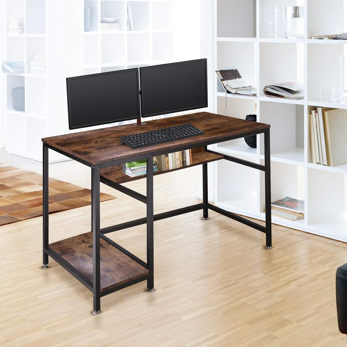 AUTOXEL Computer Desk, 47 inch Home Office Gaming Desk Study Writing Workstation Wooden Board Metal Frame Laptop Table with Storage Shelf