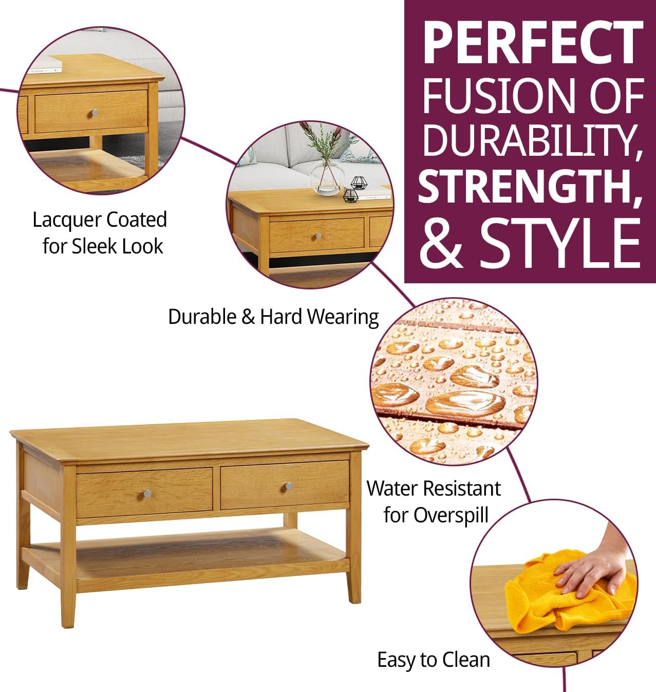Hallowood Furniture Hereford Oak Large Coffee Table with Drawers & Shelf - Solid Wooden Side Table in Rectangular Shape for Living Room – Coffee Table with Storage in Light Oak Finish