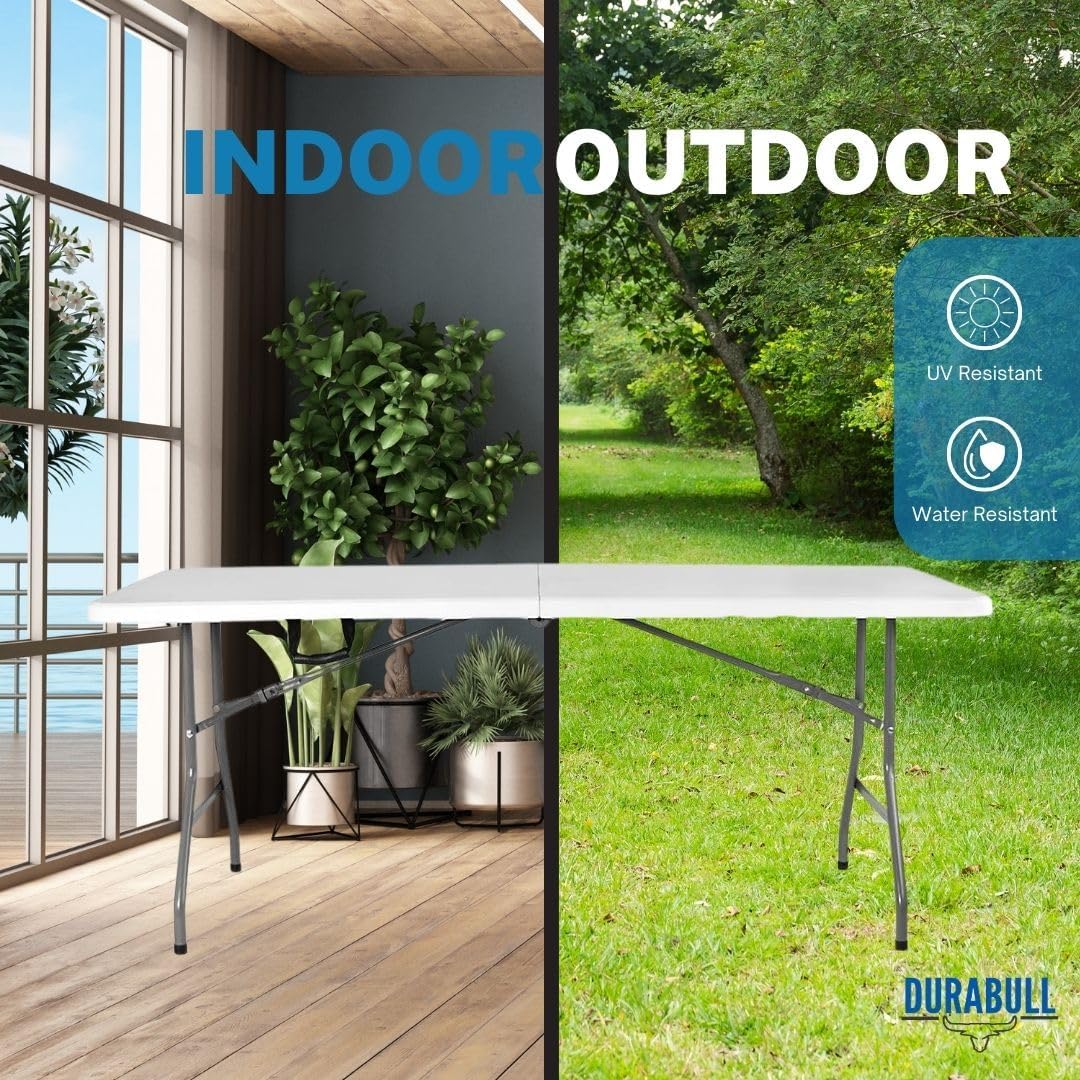 Durabull 6ft Plastic Folding Trestle Table - Heavy Duty -Indoor & Outdoor Solution for All Occasions - 150kg Capacity- Easy Setup, Folds in Half for Compact Storage, Portable with Carry Handle