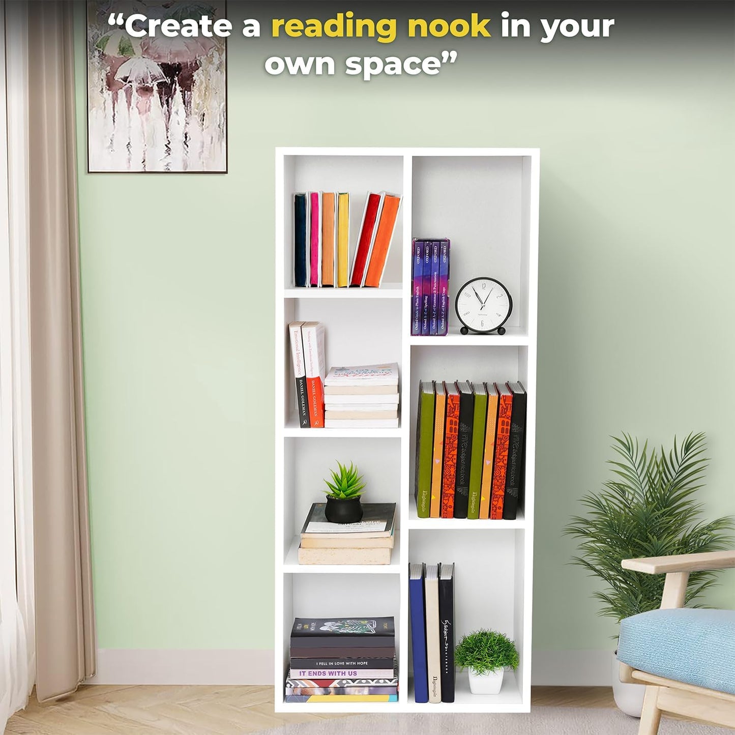 ABOUT SPACE Book Shelf 7 Cubes Engineered Wood DIY Multipurpose Book Stand for Home Office Study Room Open Storage Organizer Showcase for Bedroom, Living Room (White - L 49.5 x B 24 x H 110 cm)