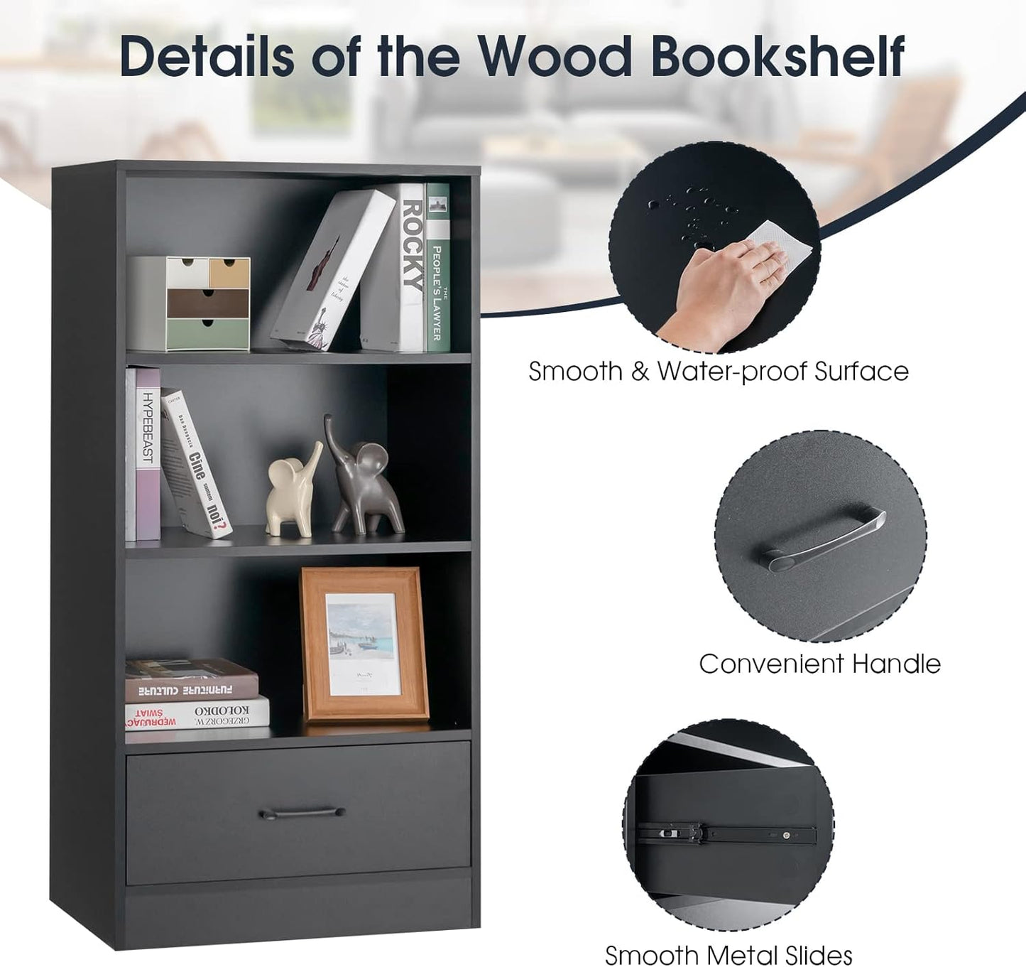 COSTWAY Wooden Bookcase, Freestanding Storage Bookshelf Cabinet with 3-Tier Open Shelves & Drawer, Display Rack Shelving Unit Cupboard for Living Room, Bedroom, Hallway and Office (Black)