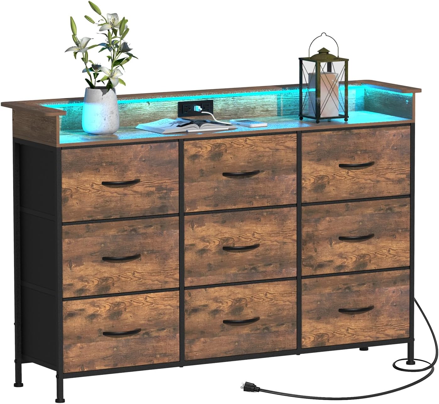 EXOTICA Industrial Dresser for Bedroom with Charging Station and LED Light Fabric Storage Dresser with 9 Fabric Drawers Chest of Drawers for Closet Hallway Sturdy Steel Frame Wooden Top