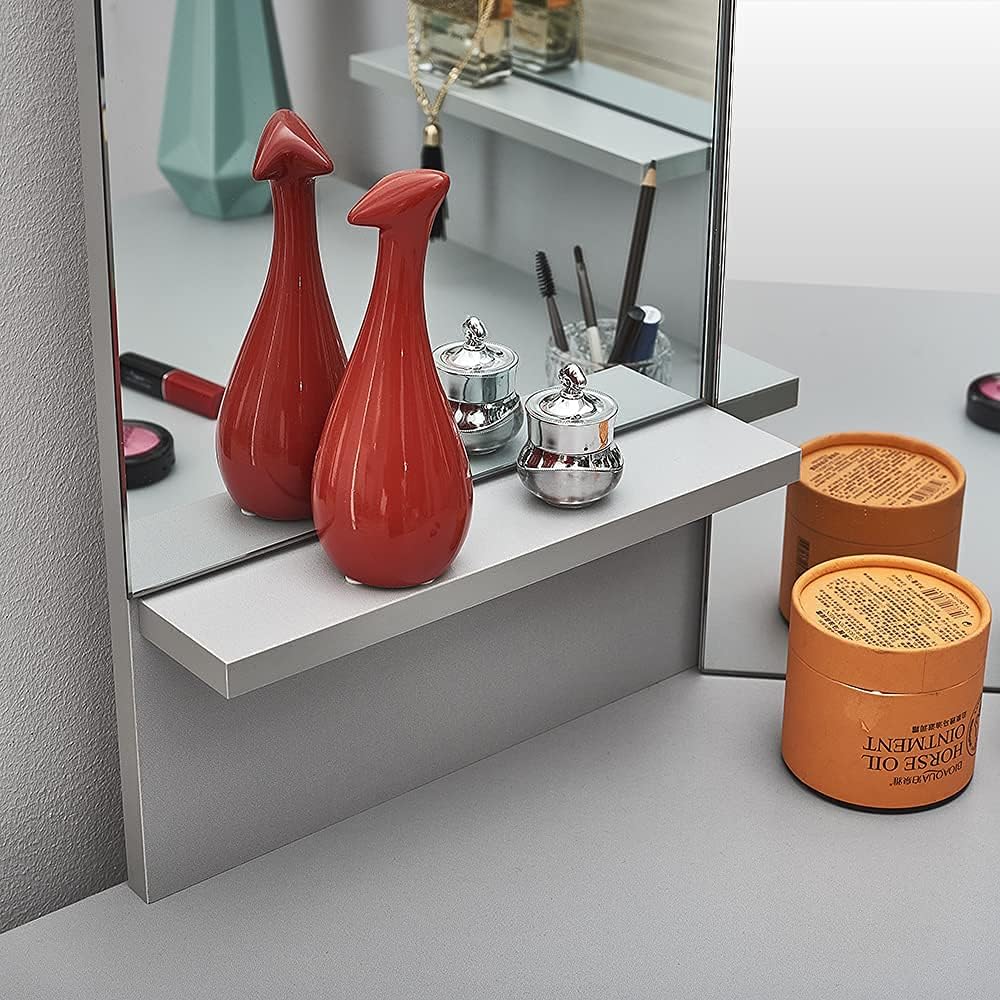 Panana MDF Dressing Table Corner Makeup Table with 3 Mirrors, 5 Drawers, 1 Compatible and Stool for Bedroom, 109cm (L) x 55cm (W) x 140cm (H) (Grey)