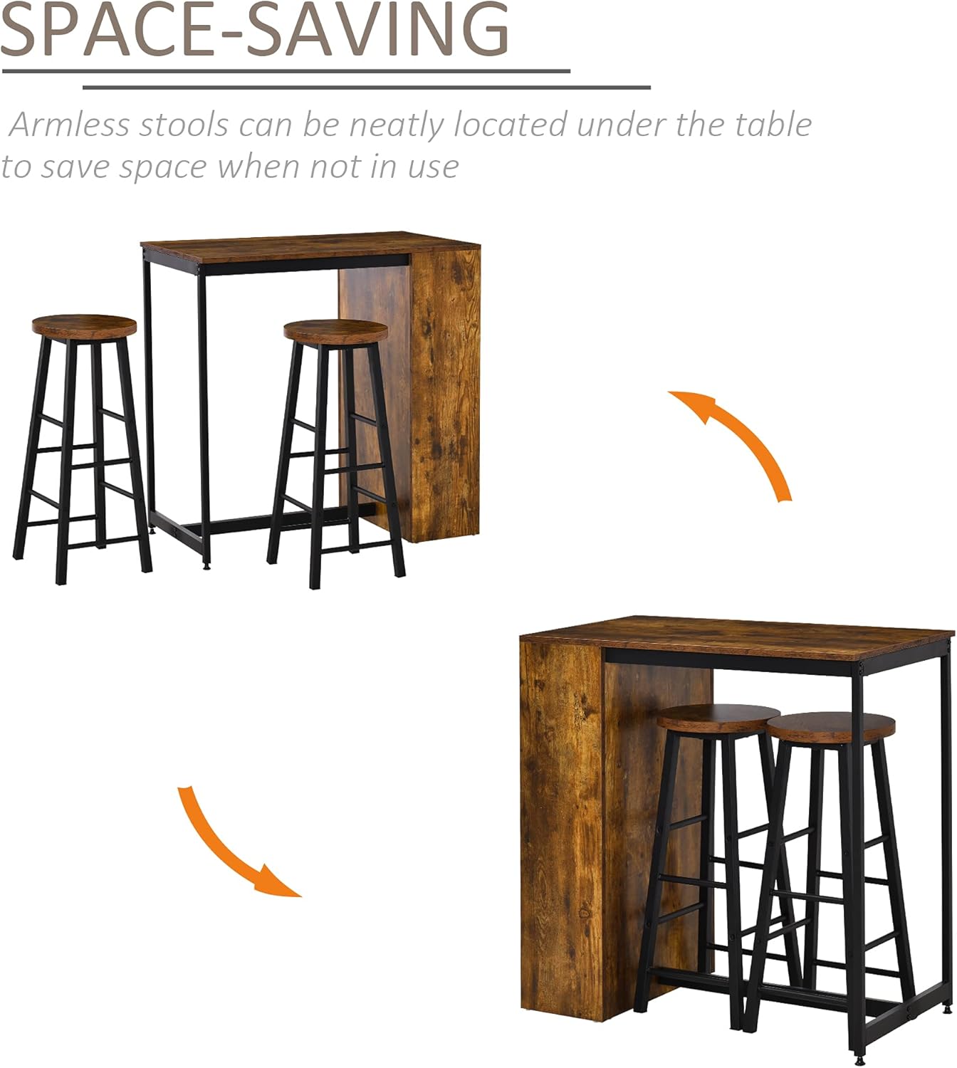 HOMCOM 3 Piece Industrial Style Bar Table Set, Pub Dining Table Set Bar Height Table and 2 Stools with Storage Shelf for Kitchen, Living Room, Coffe Shop, Rustic Brown