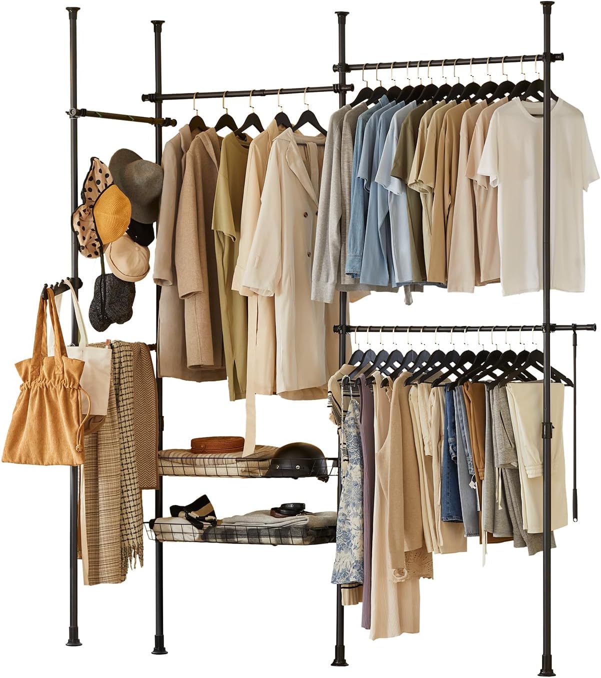 SoBuy KLS04-SCH Telescopic Clothes Rail with 5 Clothes Rails and 2 Baskets Telescopic Wardrobe System Adjustable Shelf System Black W (209-305) x H (200-270) cm