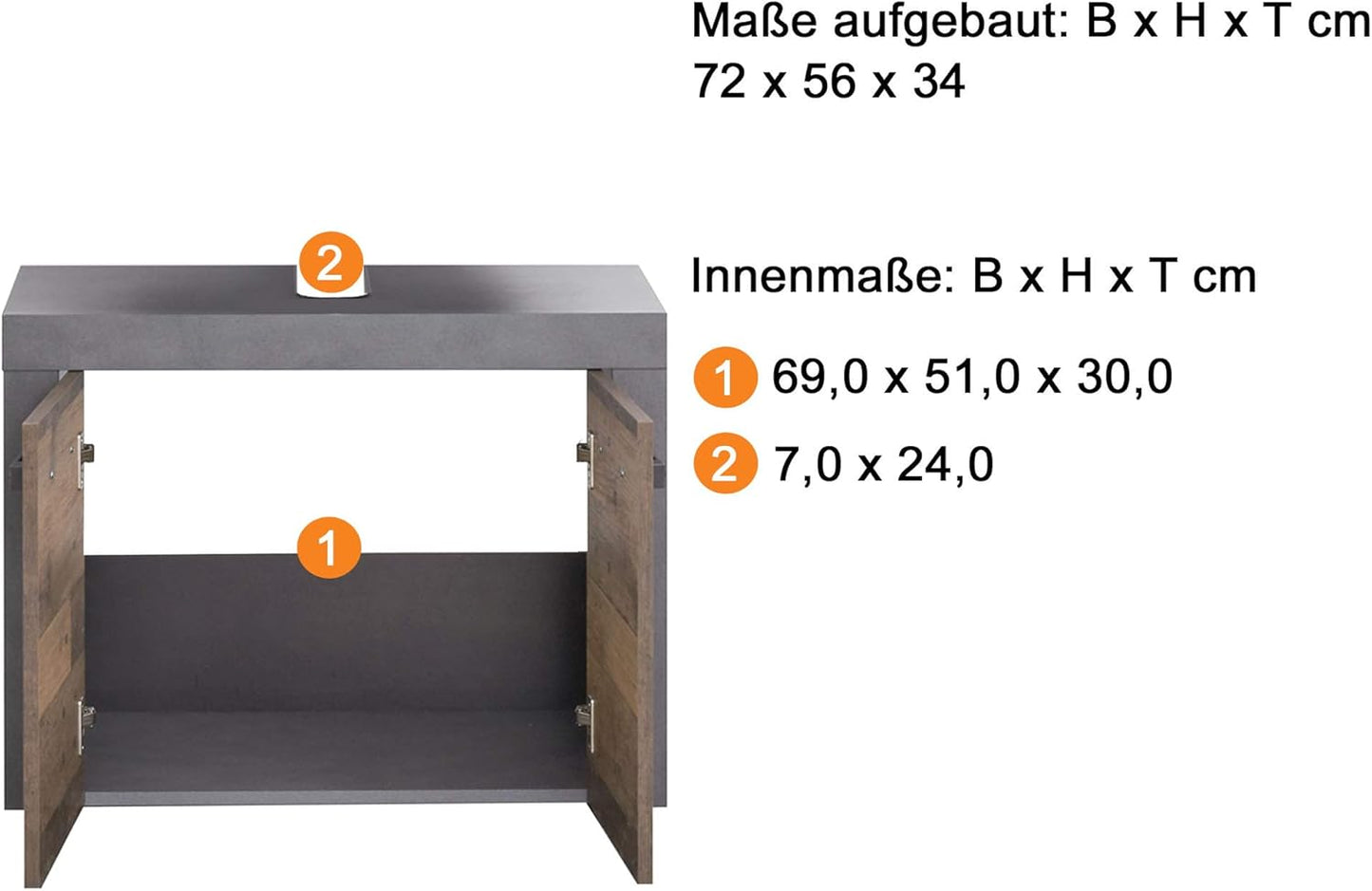 trendteam smart living Indy Bathroom Vanity Unit 72 x 56 x 34 cm in Old Wood Front with Matera Body and Panel with Lots of Storage Space